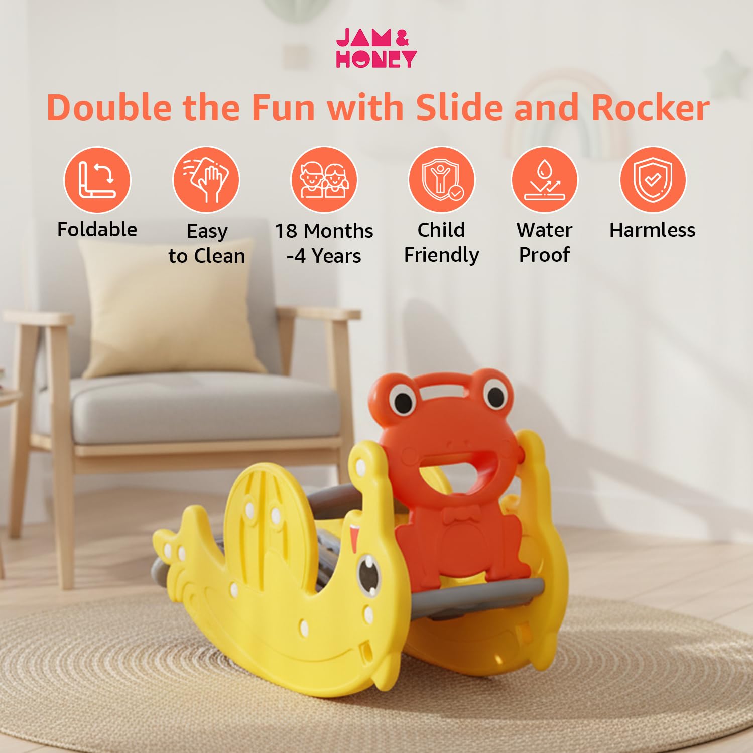 Amazon Brand β Jam & Honey 2-in-1 Foldable Slide and Rocker for Toddlers | Small | Indoor & Outdoor | Safe for Boys & Girls | Age 18+ Months - 3 Years | Easy Assembly | Gift Ready 1