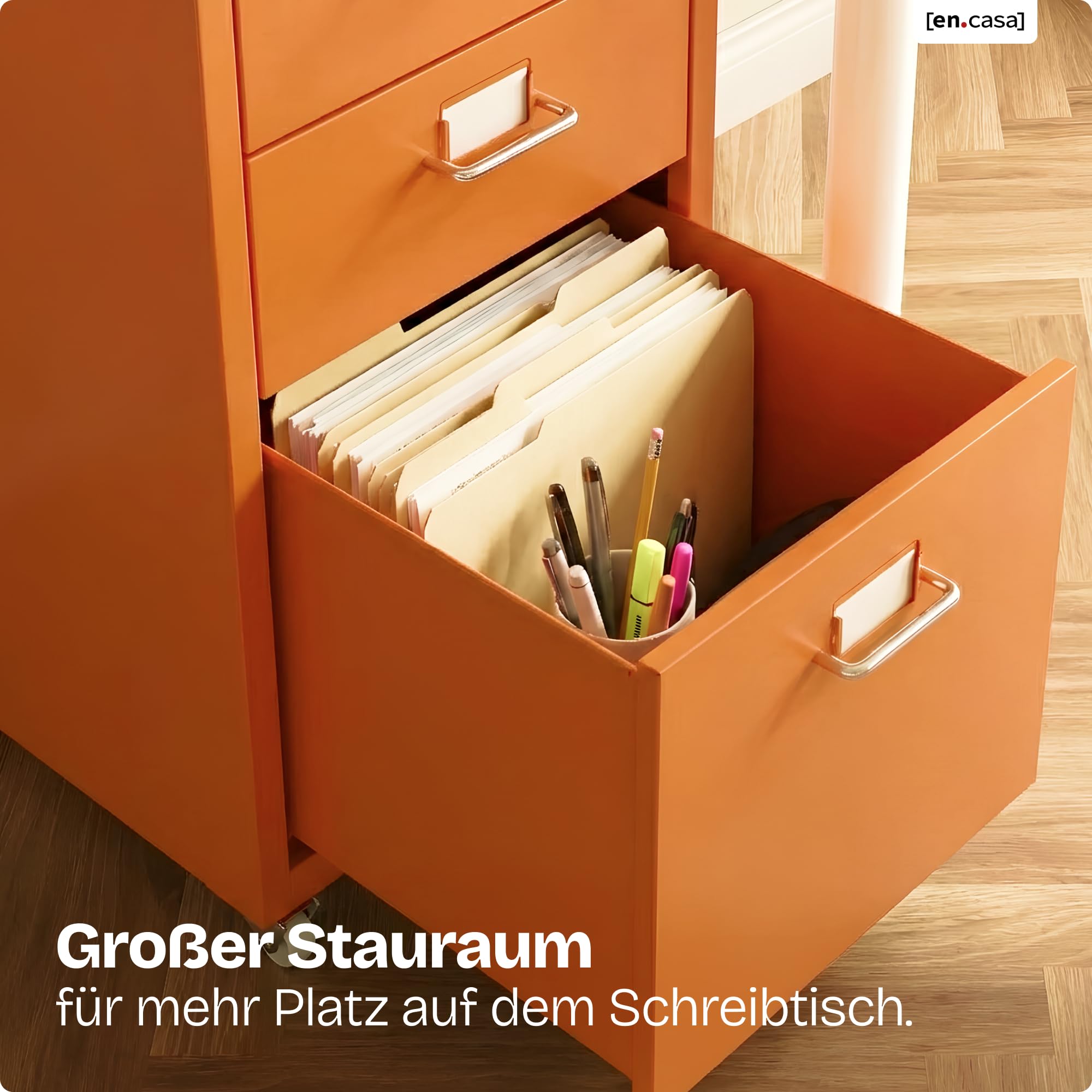 [en.casa] Rollcontainer Kökar Schubladenschrank Metall Aktenschrank mit 5 Schubladen Bürowagen mit Rollen für Arbeitszimmer 69 x 28 x 41 cm Orange