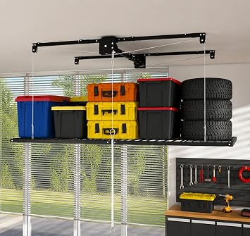 4x8 FT Overhead Garage Storage Rack, Heavy Duty Ceiling Storage Lift with Safety Lock, 350 LBS Garage Organizer for 10-12 FT High Ceilings, Adjustable Platform Storage System