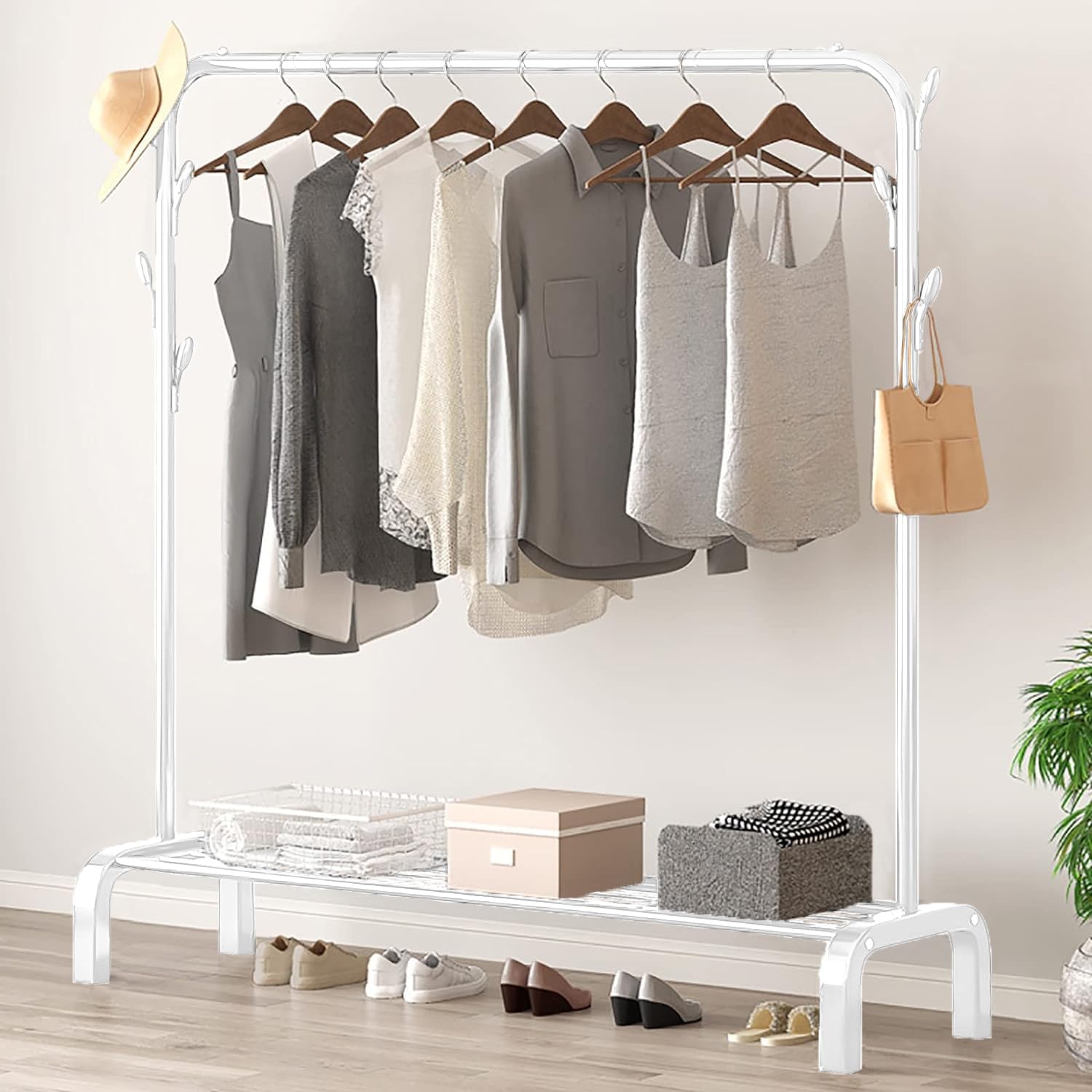 SNKR ESSENTIALS Multipurpose Curved Metal Garment Rack Clothes Rail, Clothes Storage, Pole Garment Stand With 2 Bottom Shelves &Side Hook Tower Shelf Hanging Handbag Umbrella Large (White), Cm (B0DFTN74KH) Amazon Price History, Amazon Price Tracker