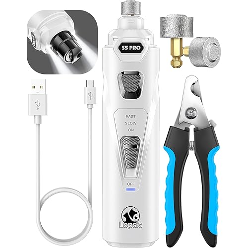 LOPSIC Dog Nail Grinder with 2 LED Lights Powerful 2-Speed Dog Nail Trimmers with 2 Grinding Wheels Super Quiet Rechargeable Pet Dog Nail Clipper Kit for Large Medium Dogs Cats Small Animal Nail Care