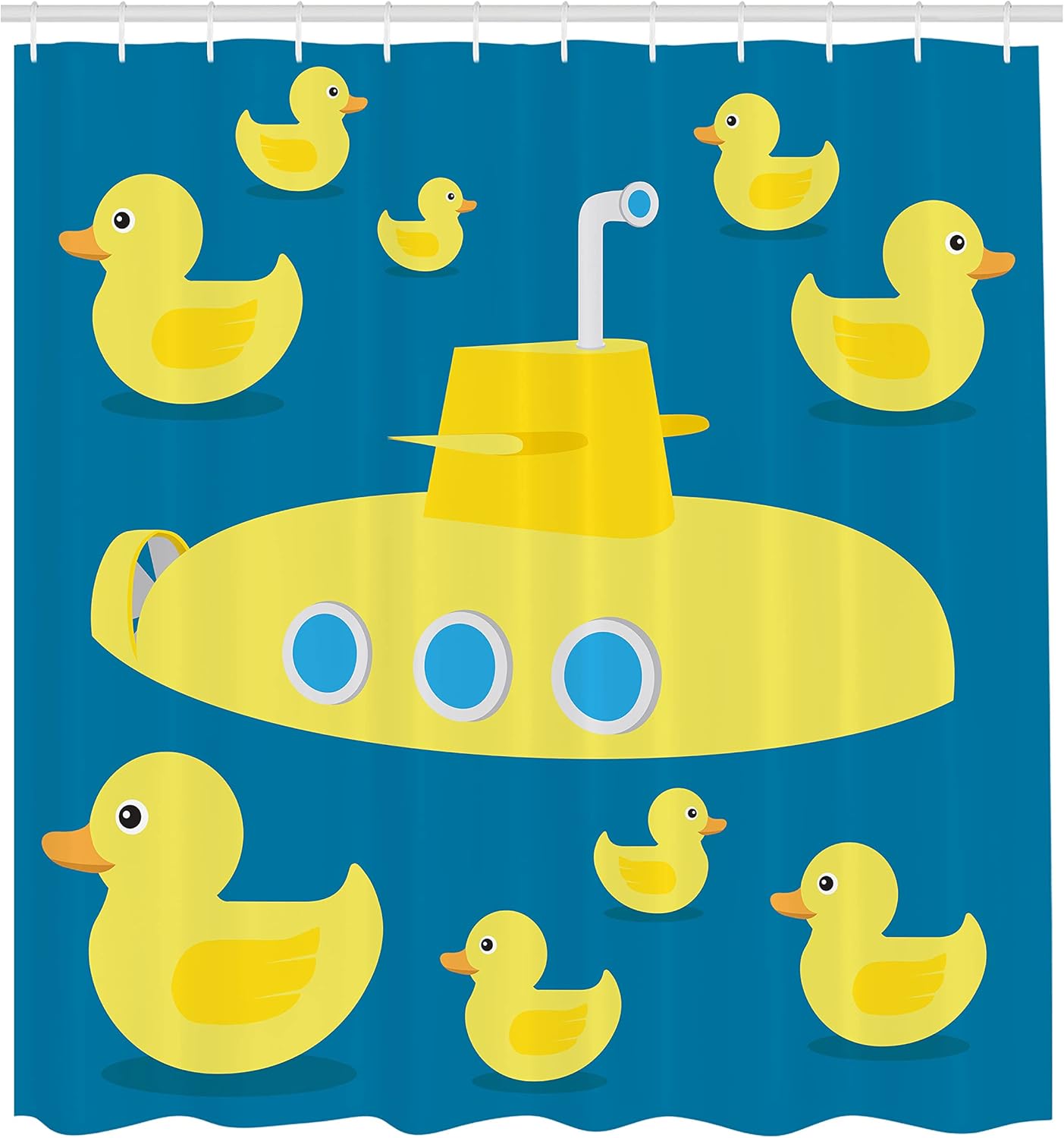 Ambesonne Rubber Duck Shower Curtain, Duckies Swimming in The Sea a Submarine Party Nautical Print, Cloth Fabric Bathroom Decor Set with Hooks, 69" W x 84" L, Navy Blue