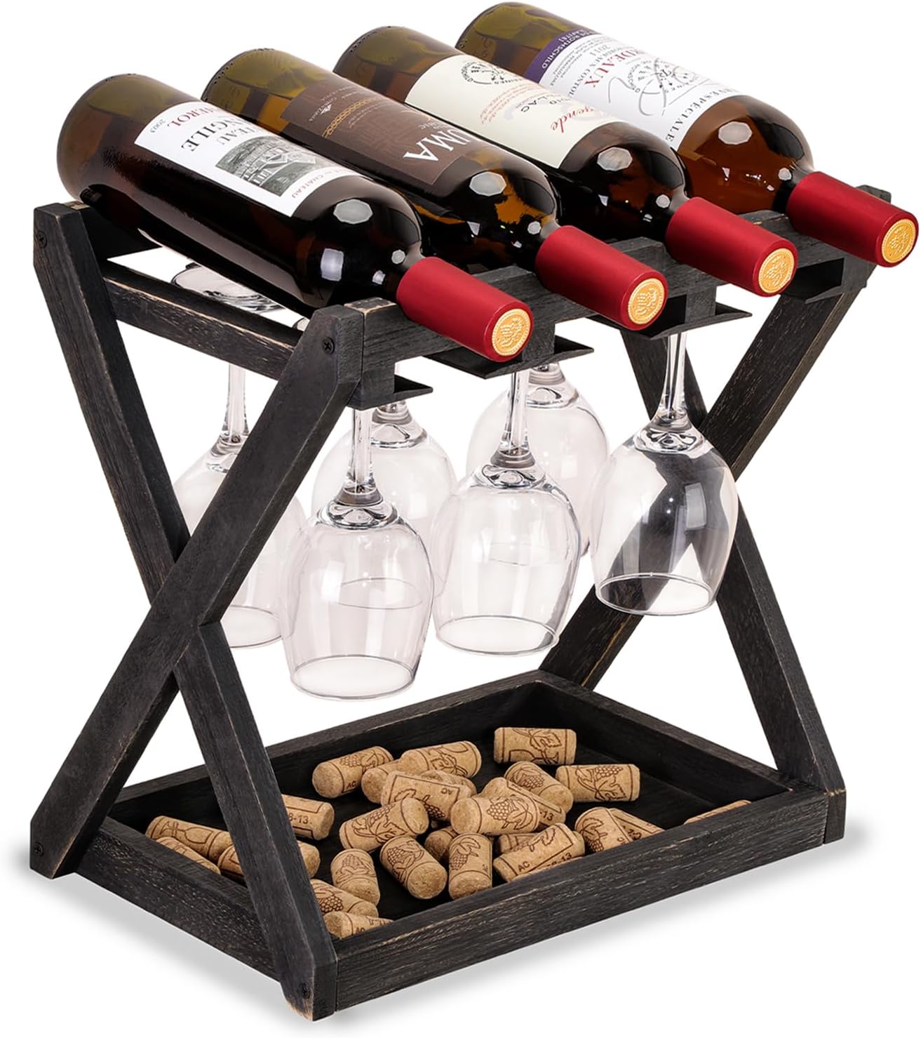 Amazon.com: Rustic Wood Wine Rack for 4 Bottles and 6 Stemware Glass ...
