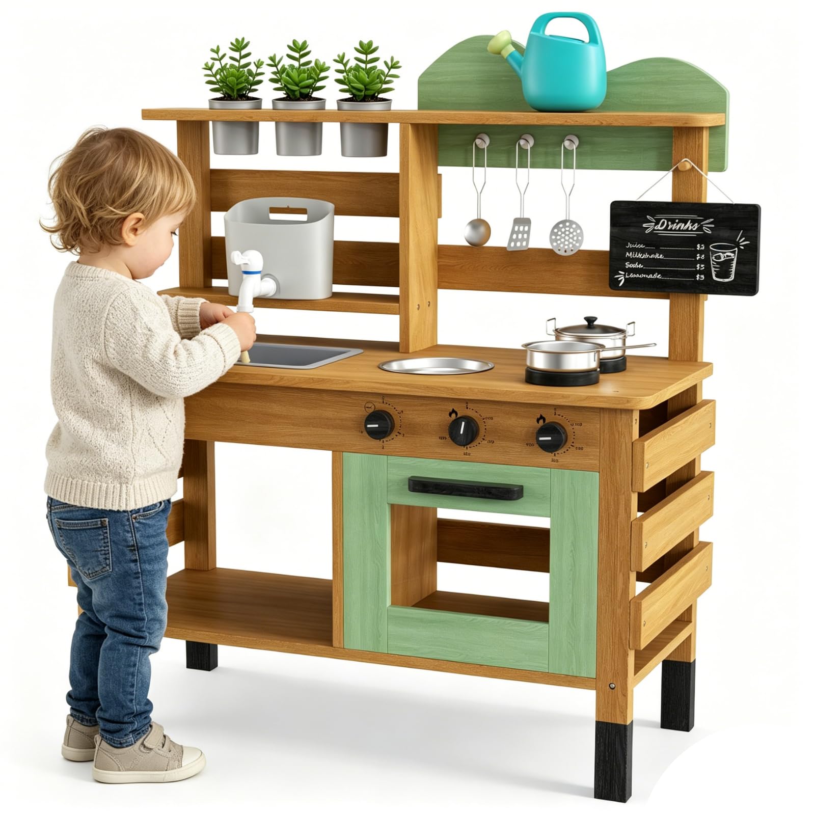 Mud Kitchen Kids Playing Kitchen Outdoor, Wooden Kitchen Set with Pan, Can and Cookware Accessories, Garden Sink, Real Running Water Fun, Pretend Play for Boys Girls 3+