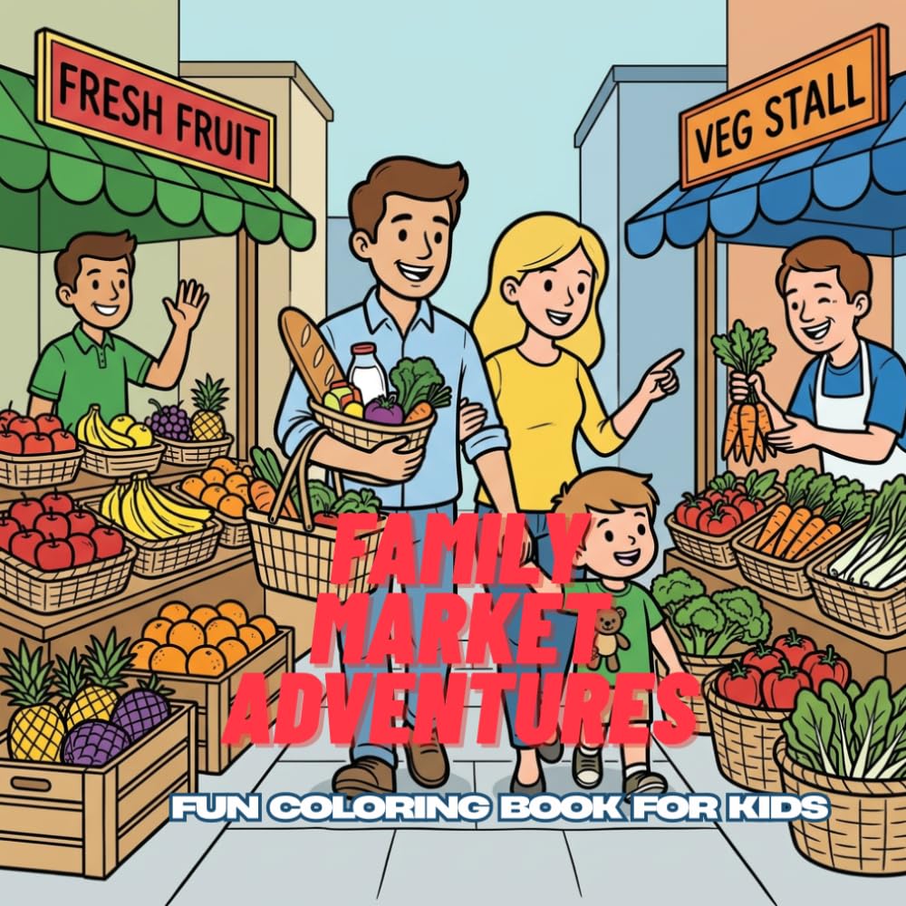 Family Market Adventures: 20 Simple Black and White Coloring Pages | Size 8.5 x 8.5 Inches