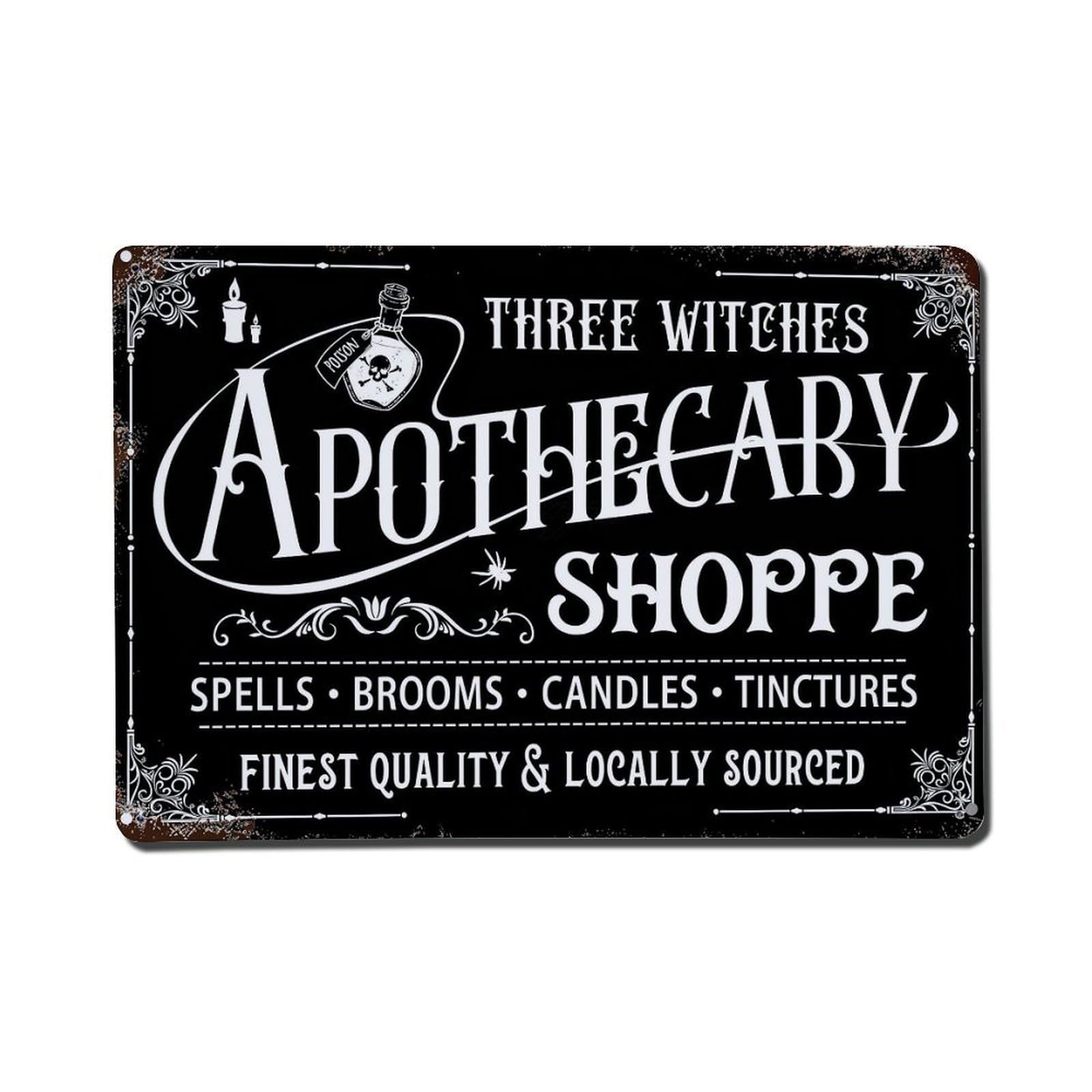 Jdfenggu Vintage Three Witches Apothecary Shoppe Sign Retro Metal Tin Sign, Metal Poster For Bar, Home, Man Cave, Kitchen, Laundry Room Art Decor 8X12 Inch