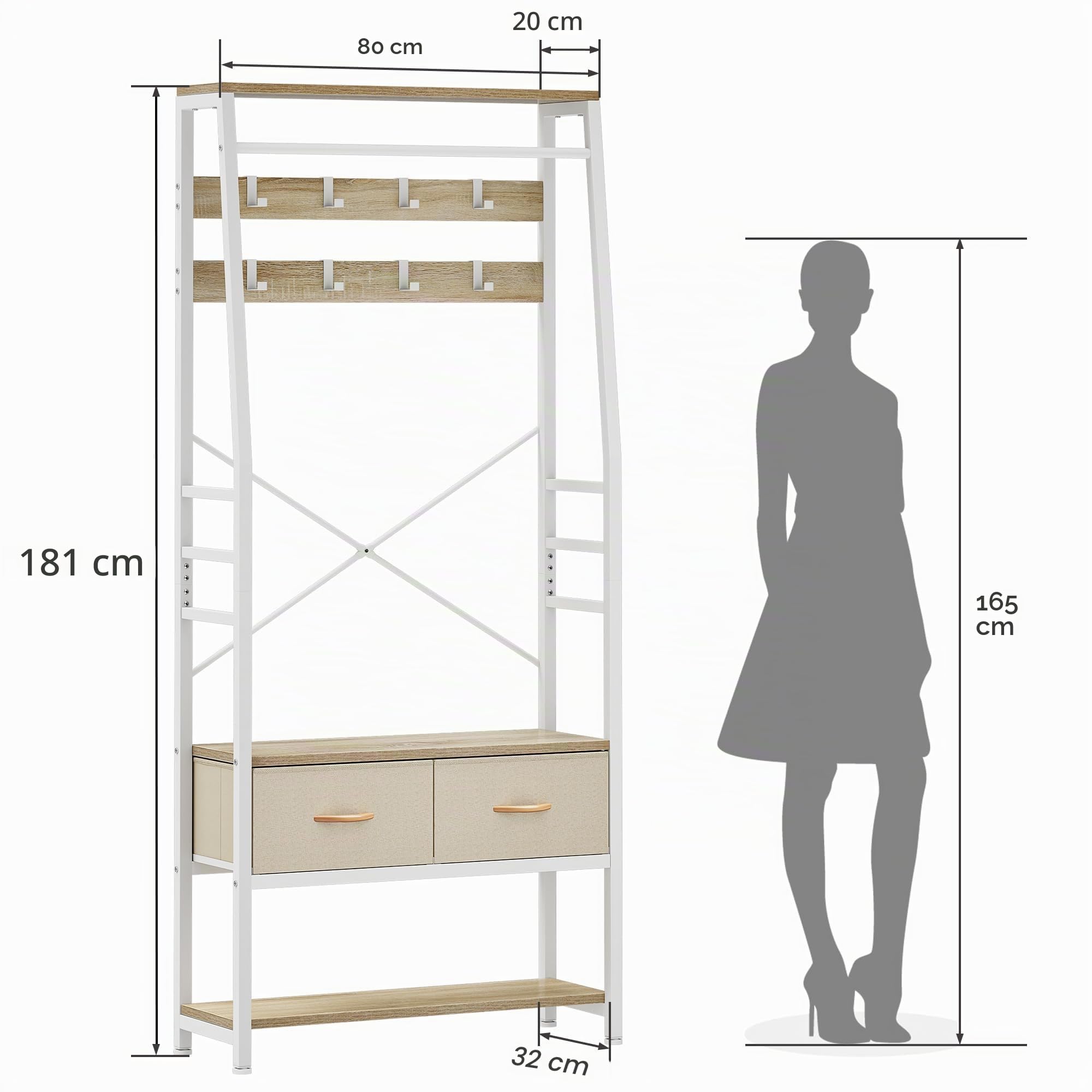 YITAHOME Perchero, Perchero 6 en 1 con 2 Cajones, Colgador Metálico con Zapatero, Barra Colgar Ropa de Madera y Metal con 8 Ganchos, para Recibidor, Sala de Estar, Dormitorio, Blanco y Roble