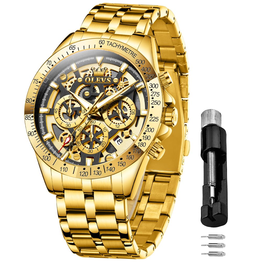 OLEVS Herrenuhren Automatik Mechanische Goldene Luxus Armbanduhr mit Tag Datum Wasserdicht Uhr