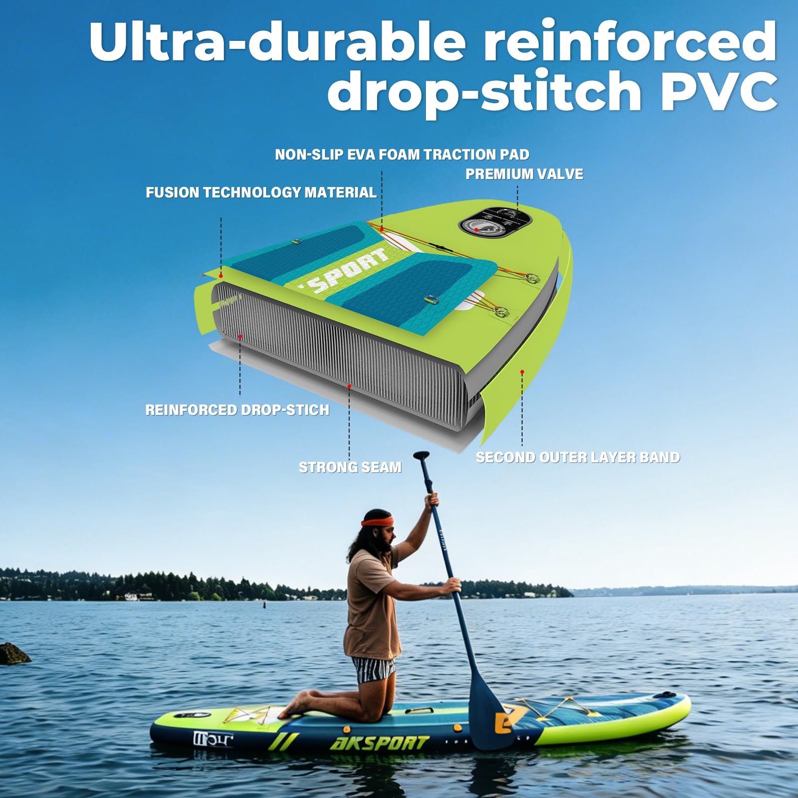 AKSPORT Tabla de Paddle Surf Hinchable 11' con Kit de Accesorios Premium | Diseño Extra Ancho 34" | Superficie Antideslizante | Ideal para Adultos y Jóvenes de Todos los Niveles