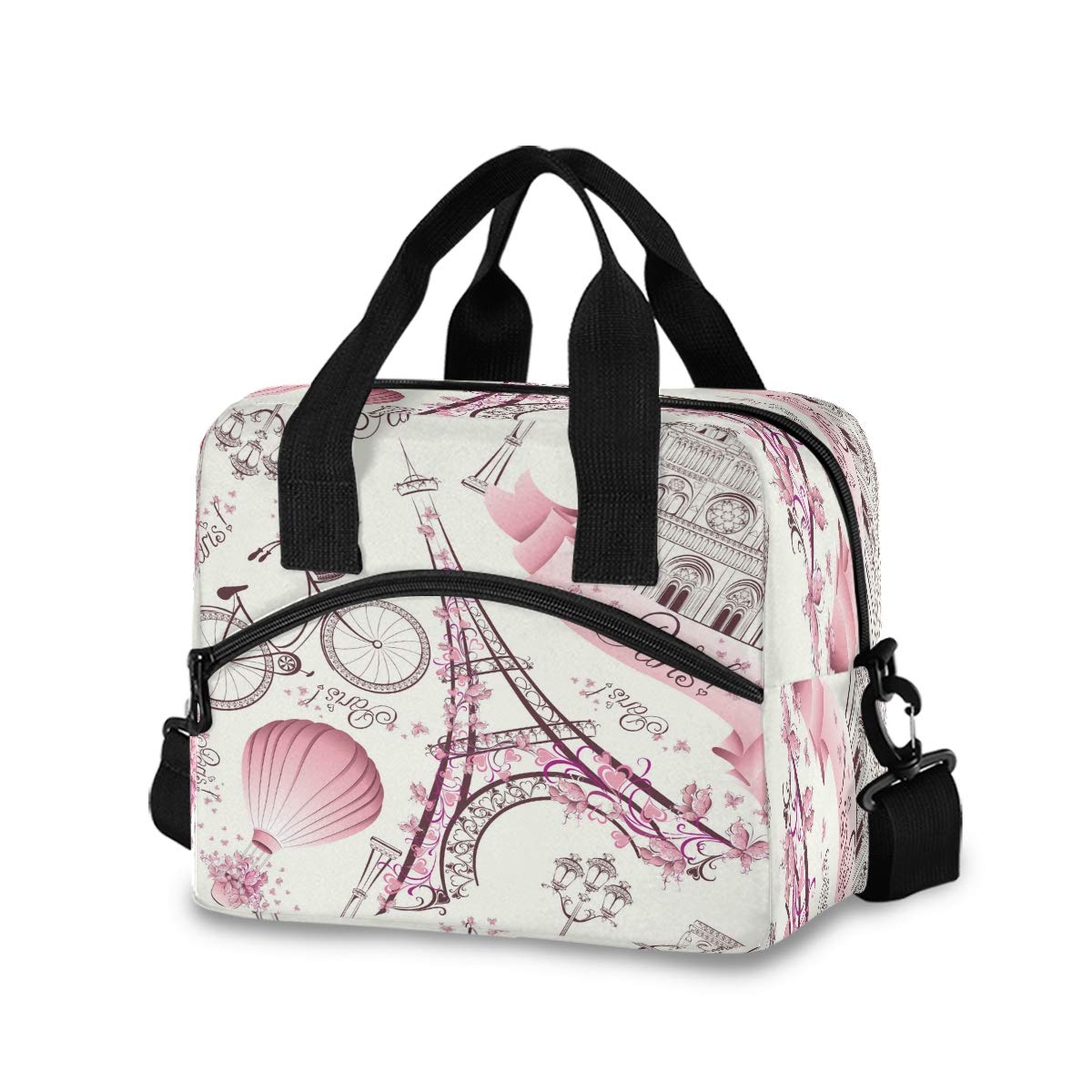 AUUXVAMOFEIYUE Paris Eiffel Tower Flower Lunch Bag Reusable Lunch Tote Bag Thermal Cooler Bag Insulated Lunch Box with Adjustable Shoulder Strap for Office School Outdoor Picnic