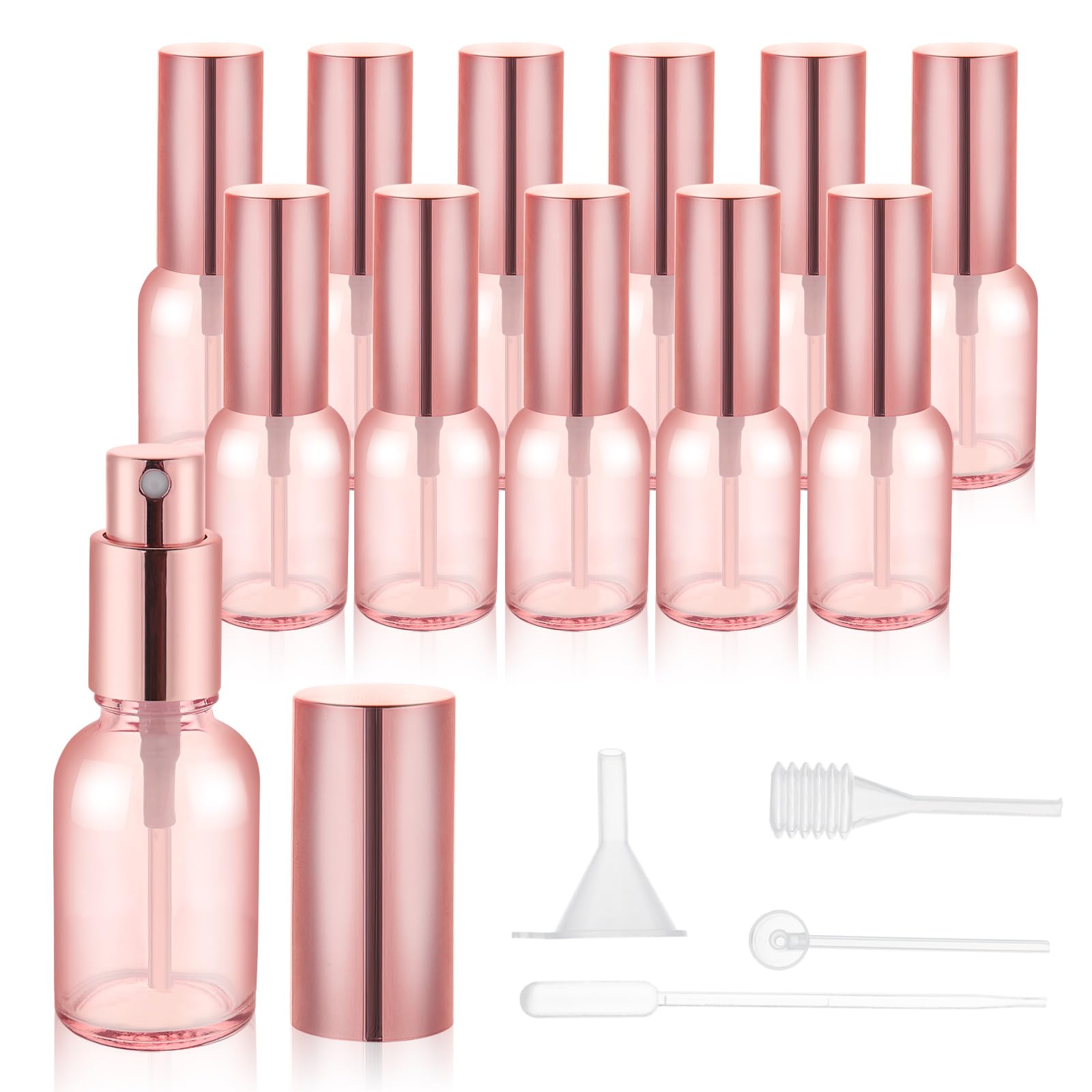RAMFIYN 12 pack 10ml Pink Glass Spray Bottles Refillable Empty Perfume Pump Sprayer Mini Fine Mist Atomizer with Rose Gold Lid for Body Essential Oils