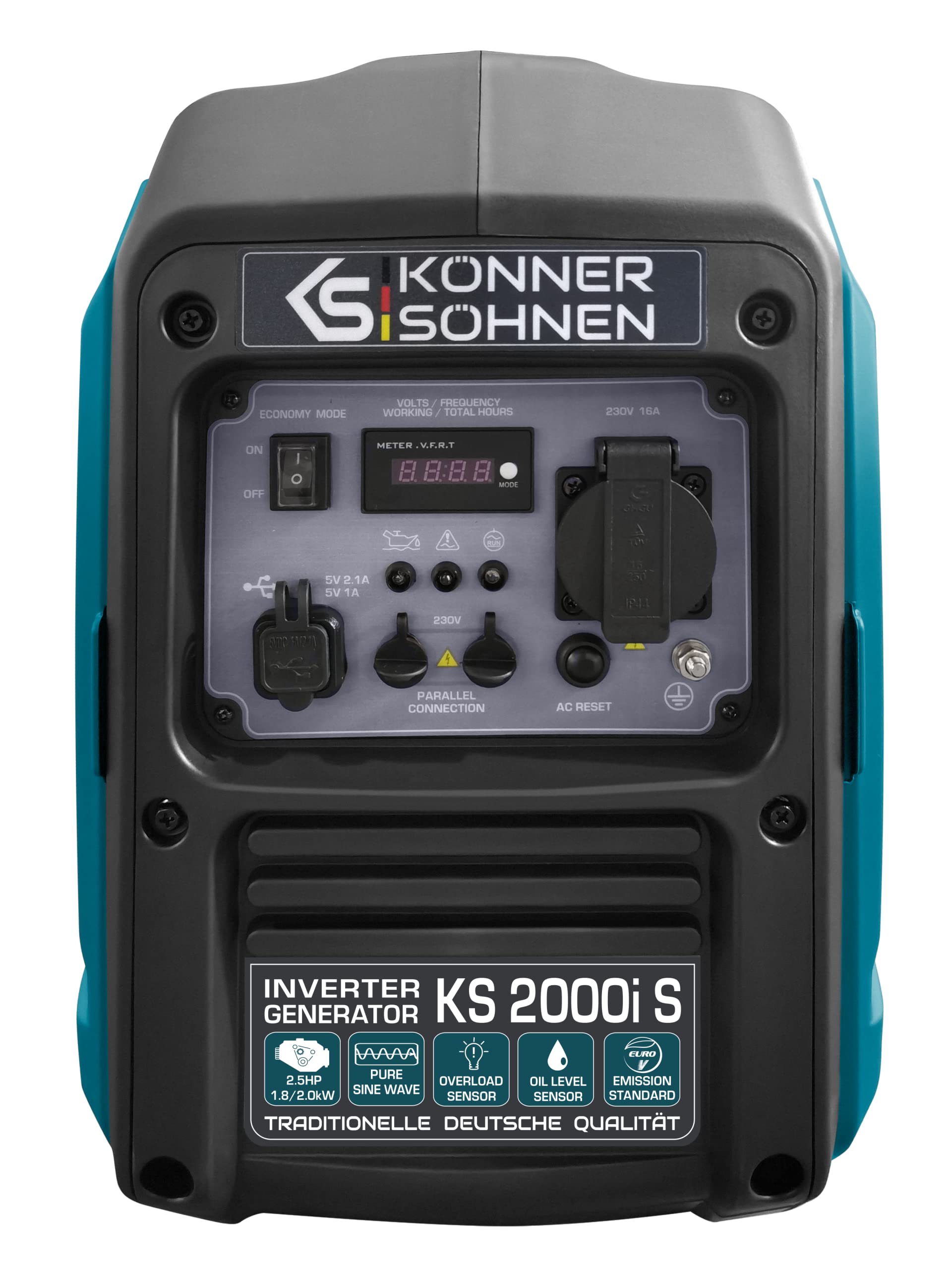 Könner&Söhn KS 2000i S - Generador de inversor 2000 W,(64 dB Lpa 7 m), 1 x 16 A (230 V), 2 puertos USB, bobinado de cobre, protección contra cortocircuitos y sobrecargas, alternador síncrono