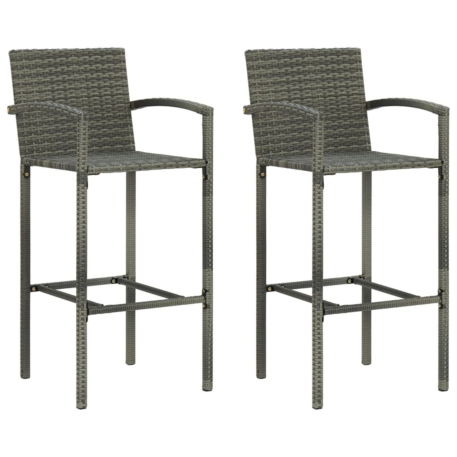 Tabourets de bar de jardin gris en résine tressée avec coussins pour balcon | Lot de 2