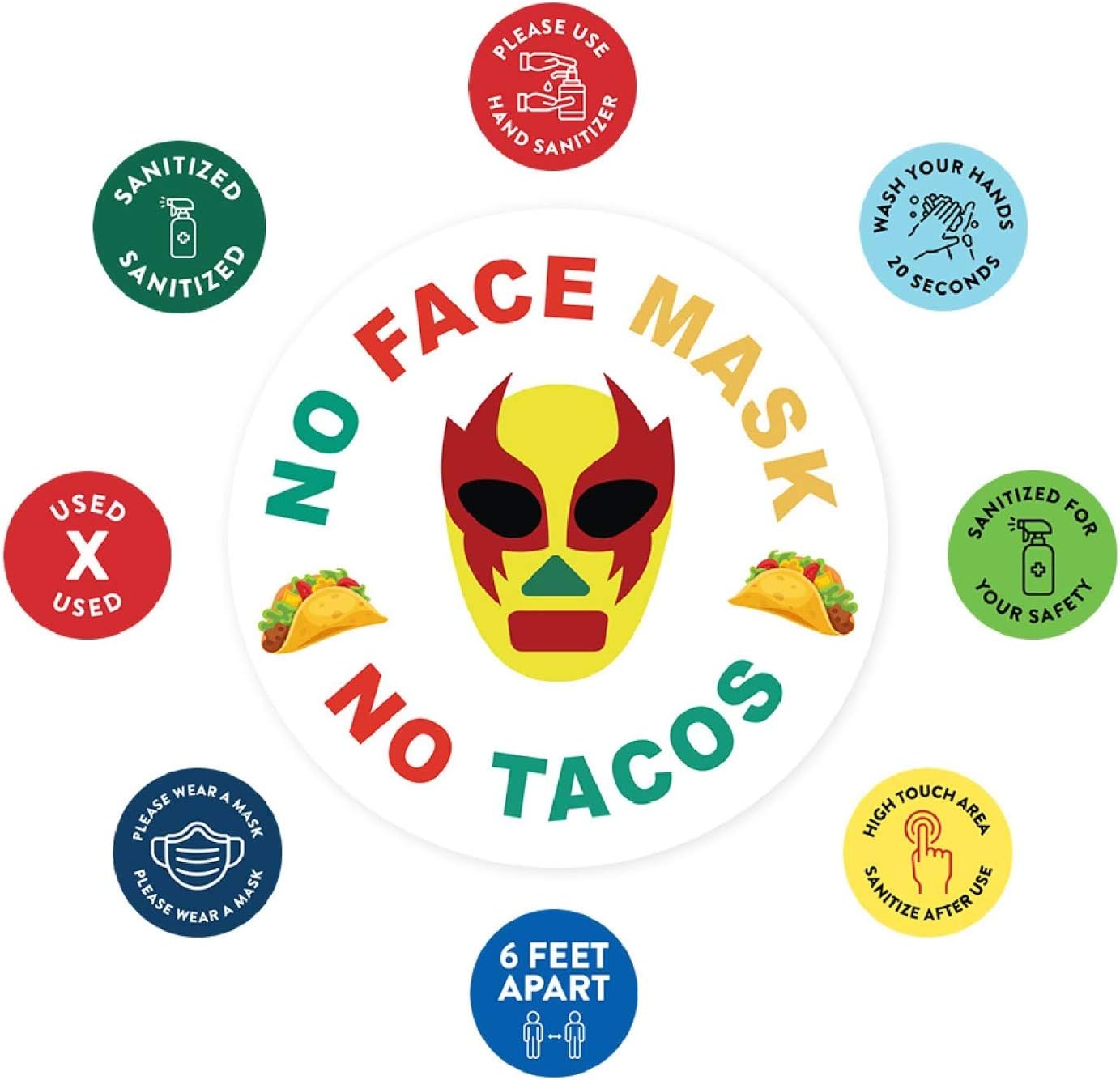 Andaz Press Funny Social Distancing Signs, Humorous Face Mask Required Signage No Face Mask, No Tacos Business Signs, 50 Labels, 10-Pack 8" Round Labels + 40-Pack 2" Circle Vinyl Sticker Decals