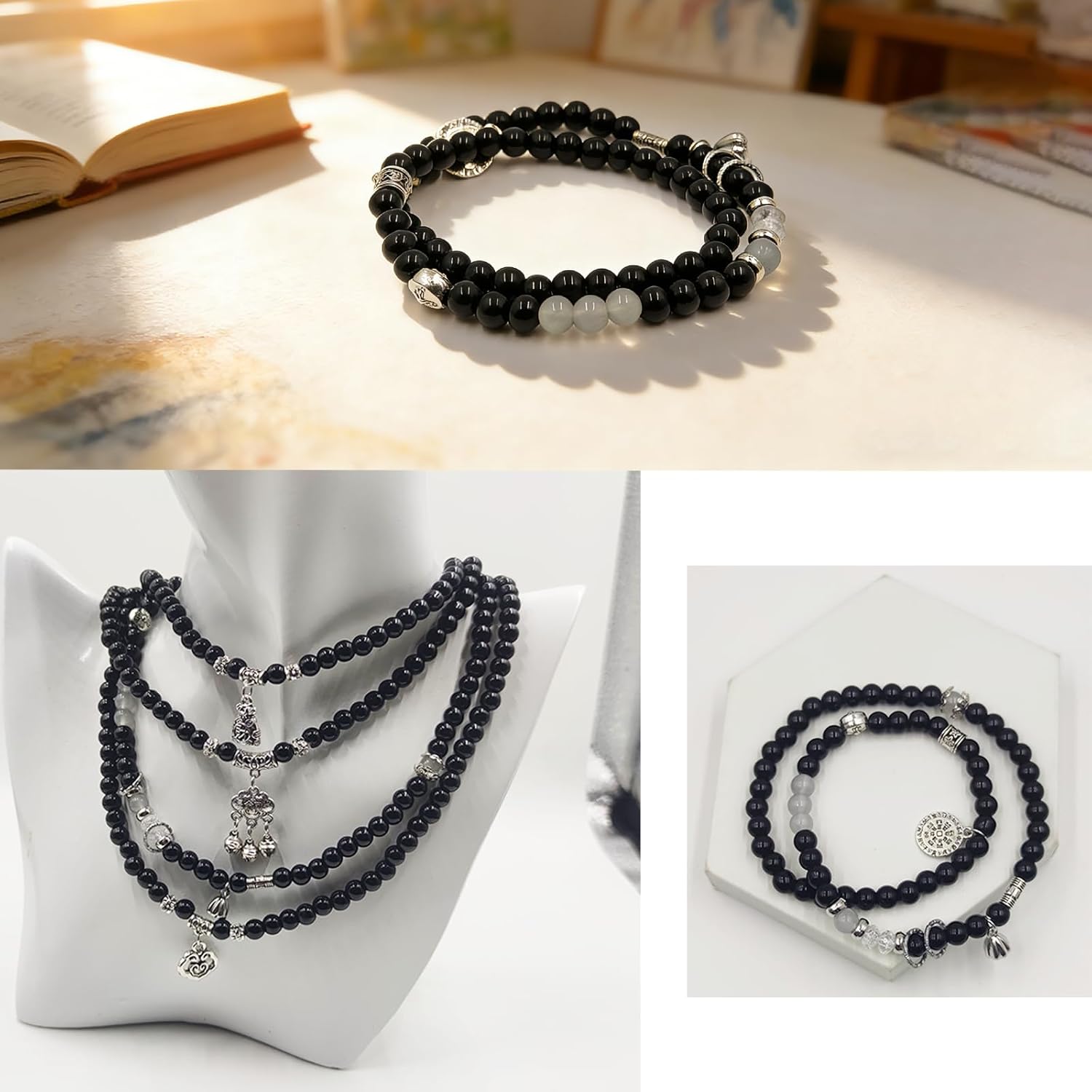 4-piece set of black energy bracelets - male and female psychotherapy beads. Exquisite appearance, in line with the trend of "modesty" and "minimalism", equipped with a lock style glacier bead bracelet. - Image 6