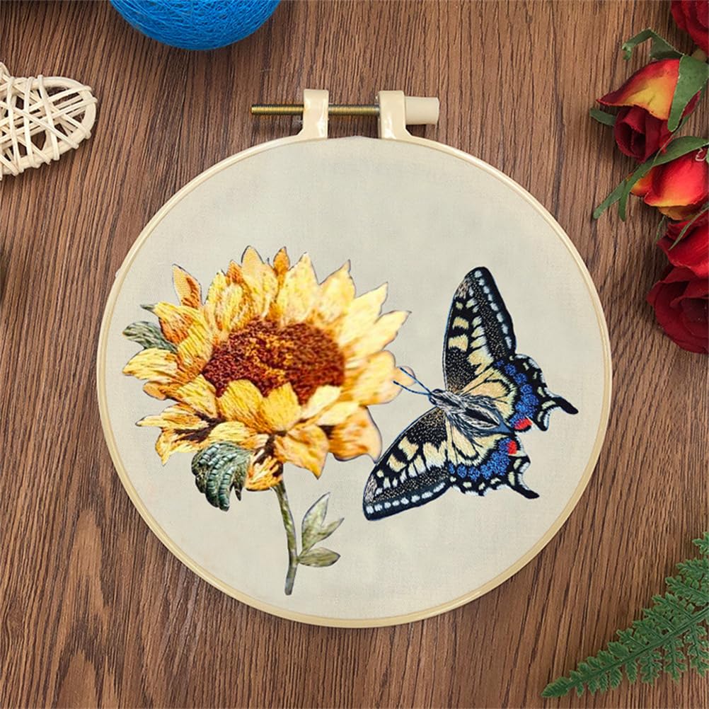 Meecaa Embroidery Kit Starter Set, Hand Embroidery Set,Sunflower Butterfly Pattern Printed Cross Stitch Set for Beginner Adults, with Embroidery Hoop and Instructions (Sunflower)
