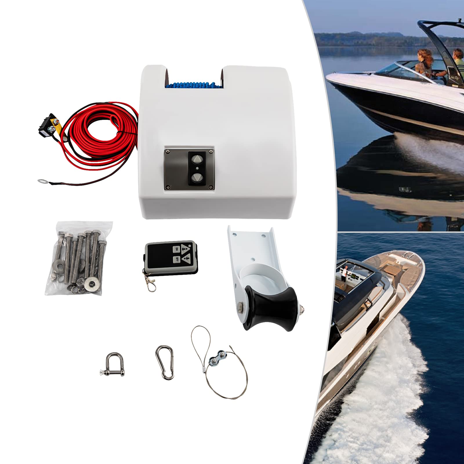 Molinete eléctrico para barco de agua dulce y salada, con mando a distancia inalámbrico, 12 V, 20/30 libras, color blanco, para ancla de hasta 20 kg