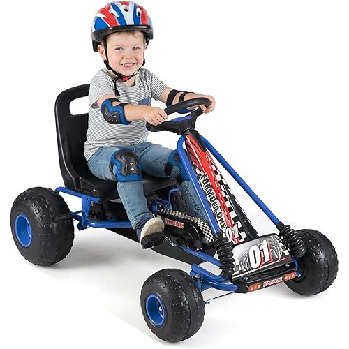 HONEY JOY Pedal Go Kart, 4 Wheeler Toddler Racing Ride On Pedal Car Toy, Forward/Backward, Ergonomic Seat, Handbrake, Steering Wheel, Outdoor Off-Road Go Cart for Kids, Boys Girls Gift (Blue)