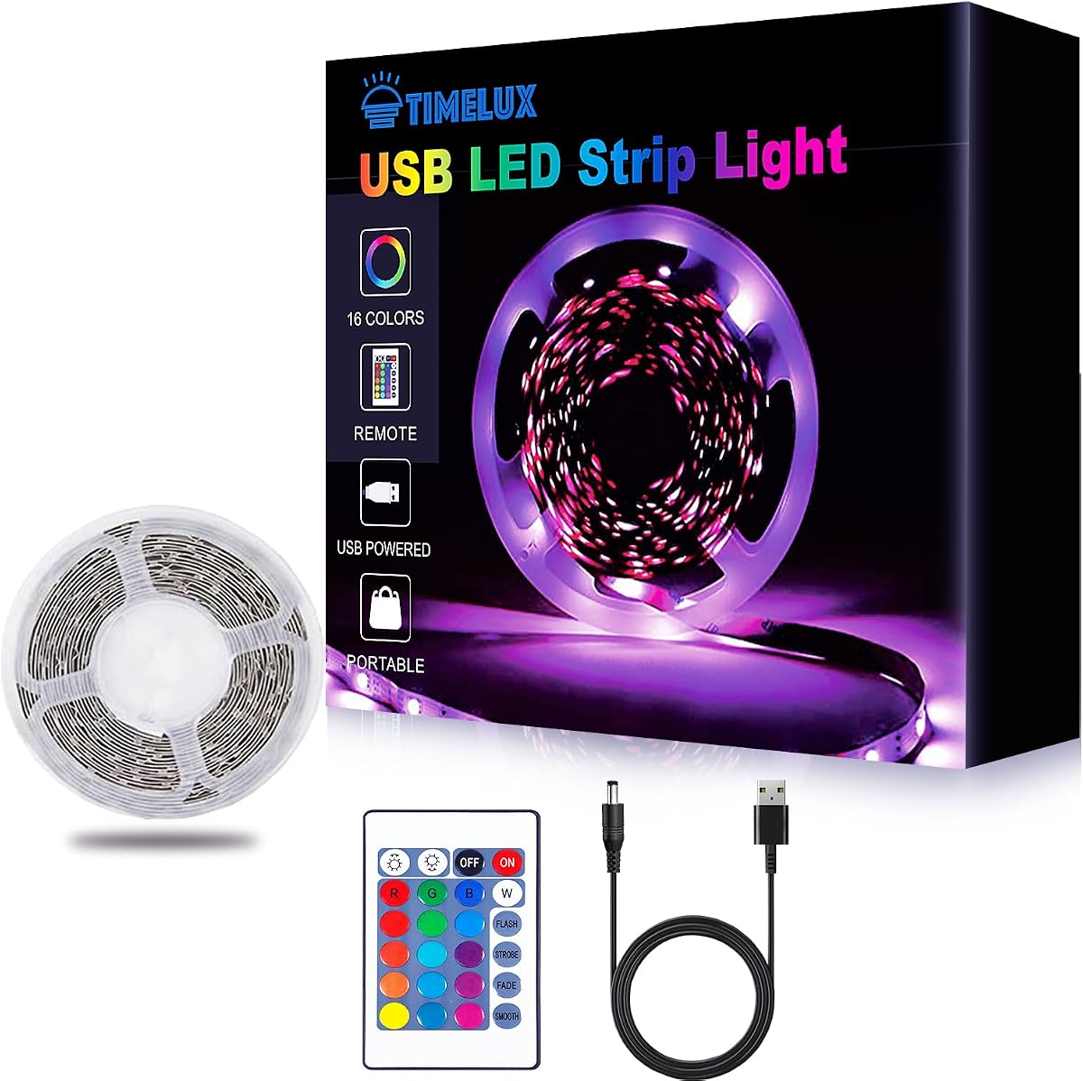 20ft LED Strip Lights Color Changing Mood lamp USB 5V Operated RGB 5050 LED Tape Lights Bedroom, Kitchen Cabinet Light with IR Remote Controller and Dimmable
