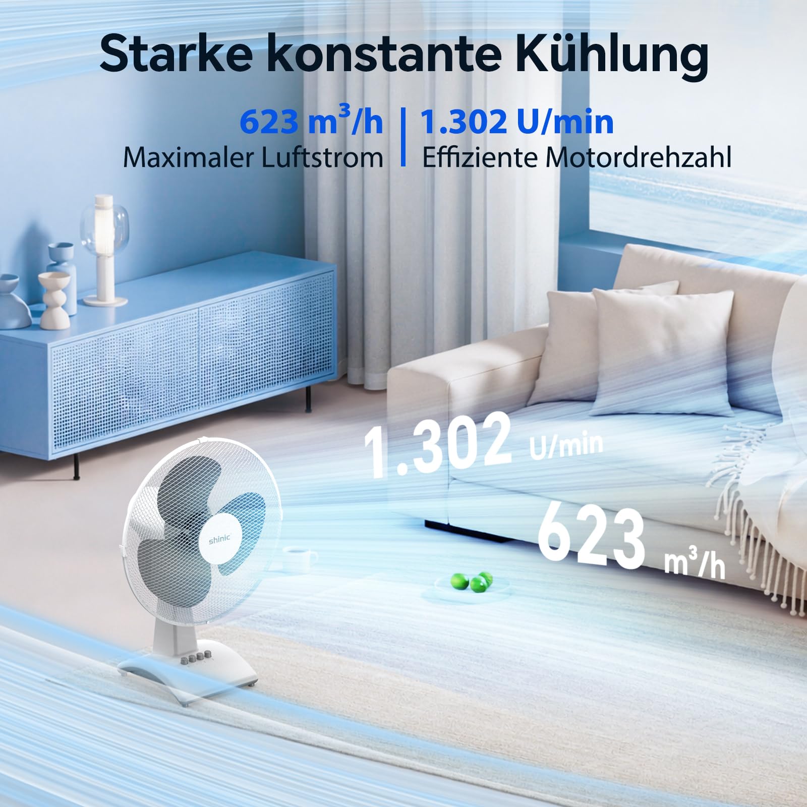 shinic Tischventilator 30 cm, 3 Geschwindigkeiten, Tischventilator sehr leise mit Oszillation, höhenverstellbar, 3 Flügel, tragbarer Ventilator Tisch für Kühlung im Schlafzimmer & Büro, weiß