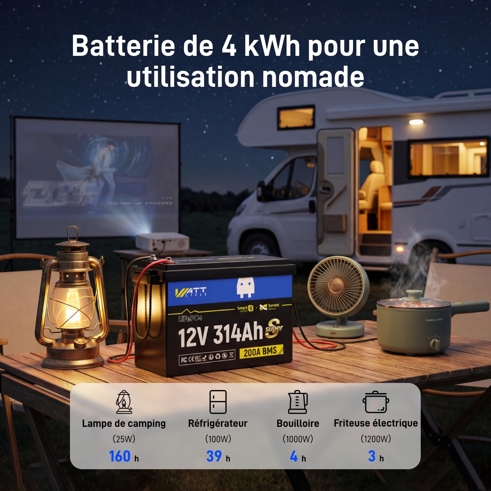 Batterie Lithium 12V 314Ah LiFePO4 Bluetooth avec Protection de 200A BMS