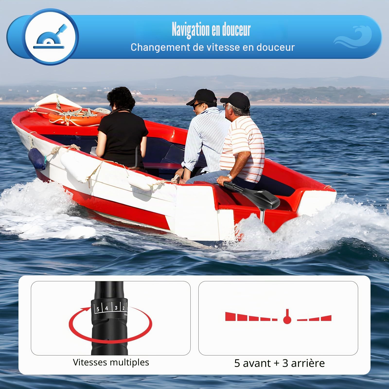 Moteur hors-bord électrique 26 kg, 12 V, 612 W, hors-bord électrique, hauteur réglable, avec indicateur de batterie, avec 5 vitesses avant et 3 vitesses arrière, pour bateau pneumatique avec moteur