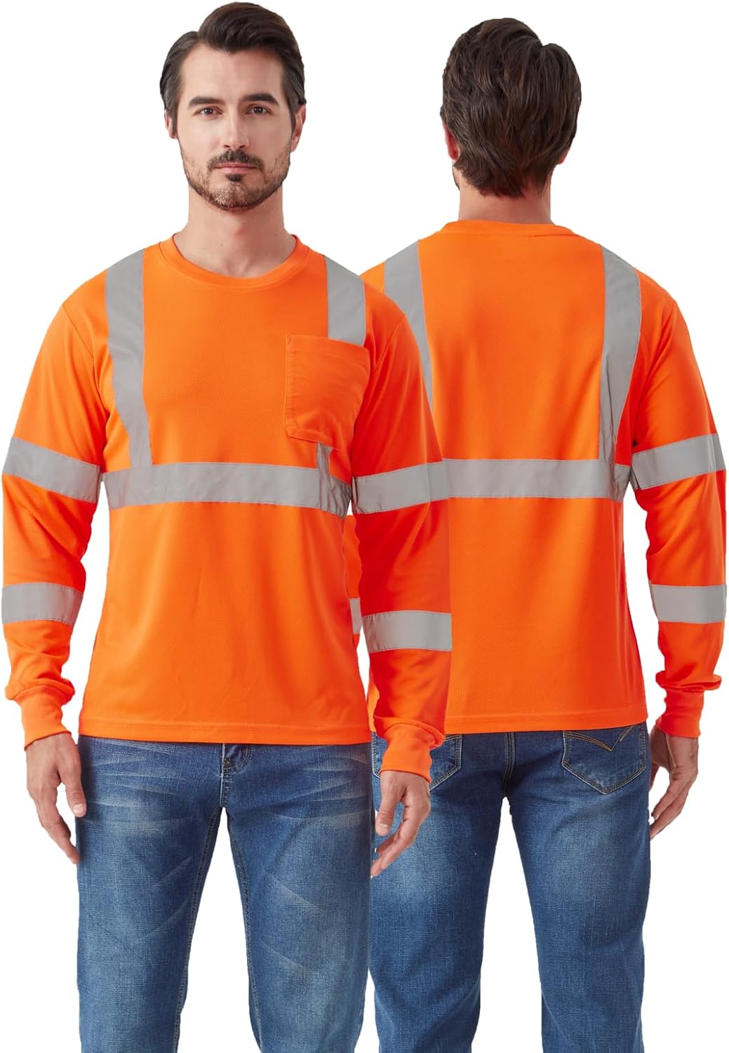 High Visibility Safety Long Sleeved Shirt, Workwear with Pockets and Reflective Strips, Breathable T-Shirt