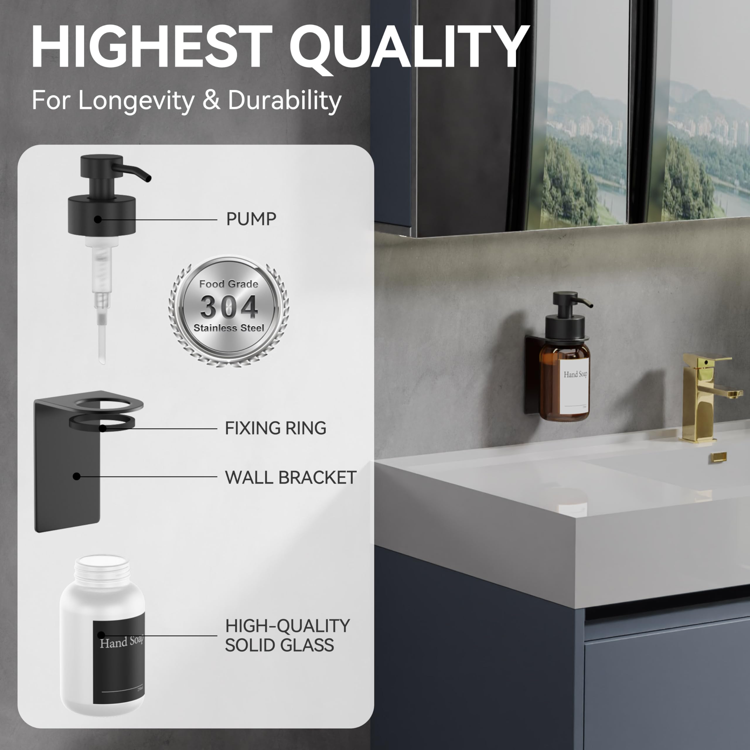 Confezione da 2 dispenser di sapone in vetro con montaggio a parete, autoadesivo, dispenser a pompa in acciaio inox per sapone liquido, senza fori, 250 ml (ambra/nero)