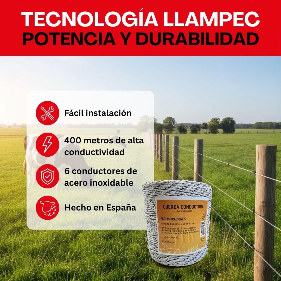 Llampec Cuerda Pastor Eléctrico, 400m x 4mm, 6+3 Conductores Acero Inoxidable y Cobre, Alta Conductividad, Resistente UV, para Cercas de Caballos, Vacas y Perros, Bobina Profesional