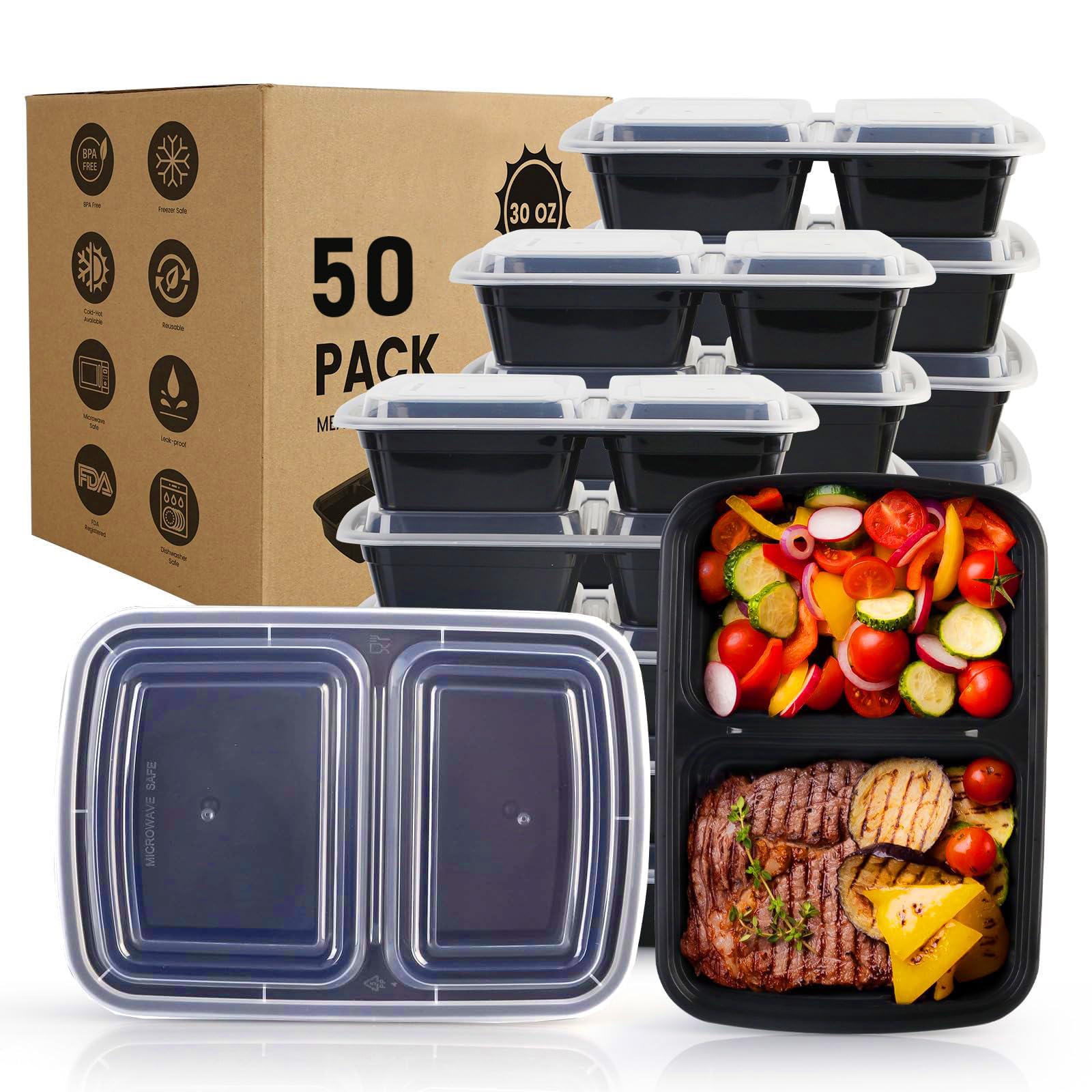 vivigu Meal Prep Containers Reusable 50 Pack - 2 Compartment Plastic Containers with Lids, To Go Food Containers BPA-Free, To Go Container With Lids Microwave, Dishwasher, Freezer Safe 30 oz