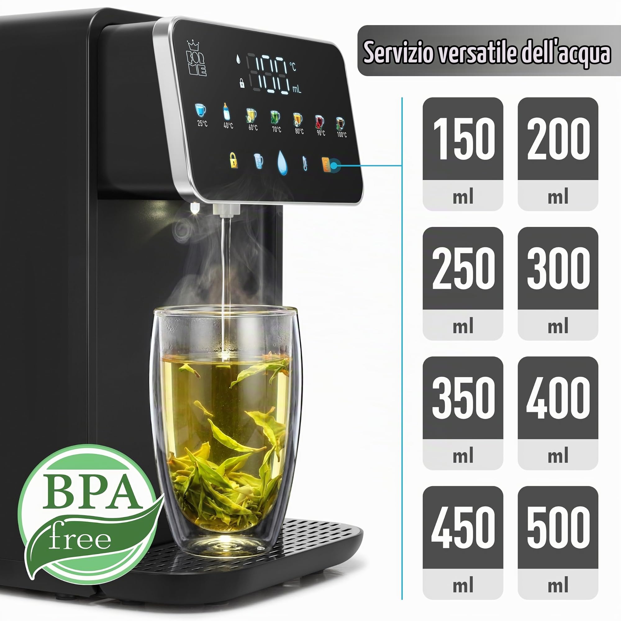 ForMe Distributore d'Acqua, Serbatoio dell'Acqua da 3,2 l, 2000 W, Temperatura Selezionabile 25-40-50-60-80-90-100 °C, Filtro Opzionale, Riduce Cloro e Calcare