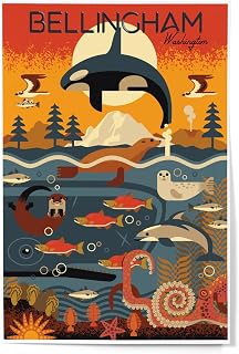 Lantern Press Bellingham, Washington, Marine Animals, Geometric (12x18 Art Print, Travel Poster Wall Decor)