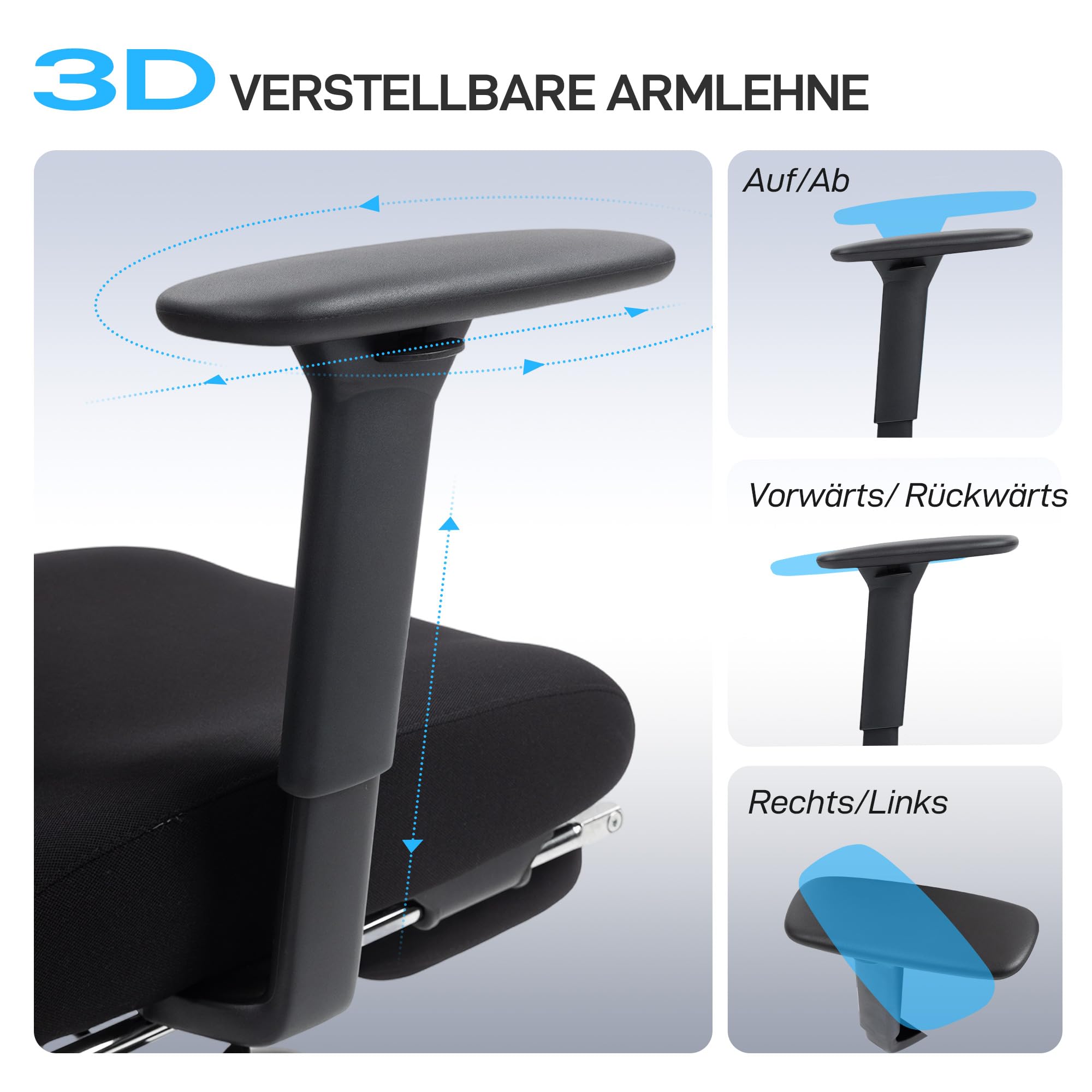 HOMCOM Bürostuhl mit 3D Einstellbarer Armlehne Lendenstütze, Schwarz | Ergonomischer Schreibtischstuhl, Kopfstütze, Höhenverstellbarer Computerstuhl, Drehstuhl mit Wippfunktion, Netz
