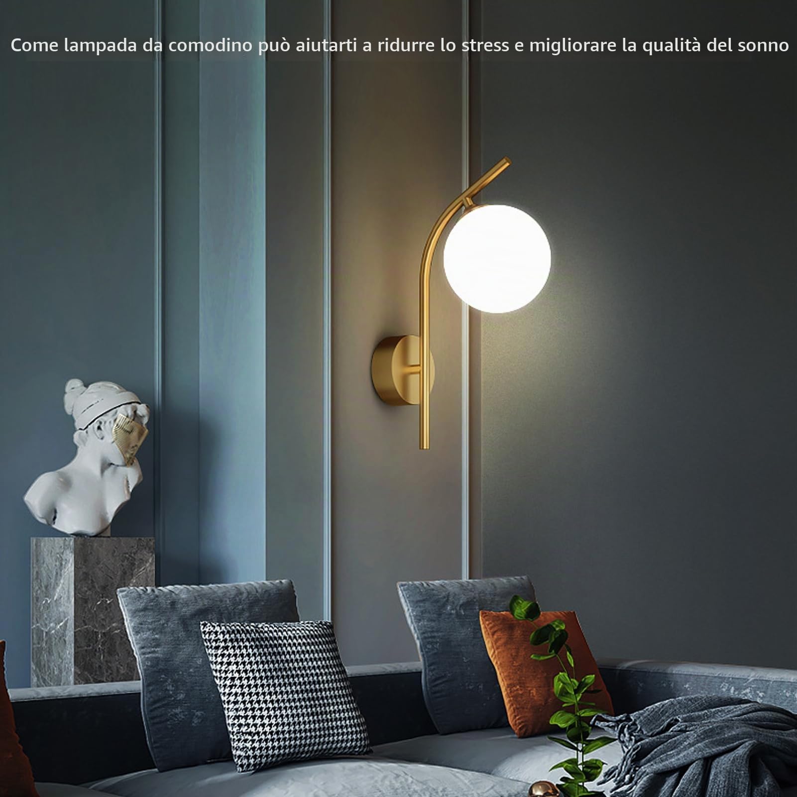 Lampada da Parete Interno, Portalampada da Parete Dorato, E27 Lampada a Muro Paralume di Vetro 12CM, Lampada a Muro Creative Palla di Vetro E27 lampadina NON Contiene, per Camera da Letto, Soggiorno