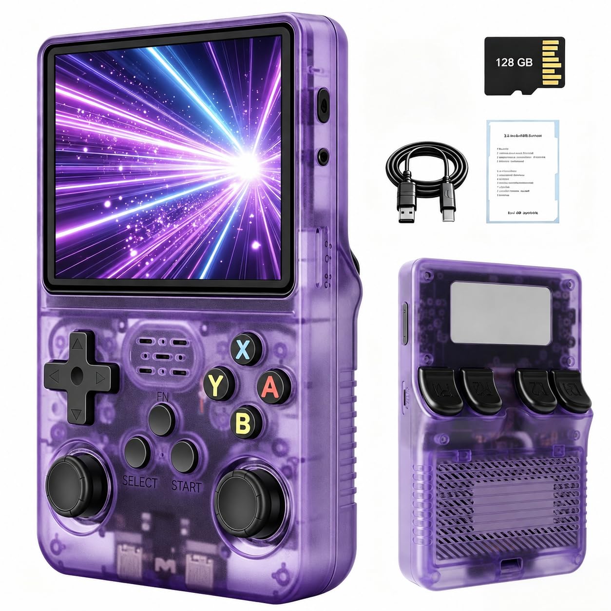 R36 Handheld Game Console, Retro Game Console with 128GB TF Card, 25000+ Classic Games, 3.5" IPS HD Screen, 3500mAh, Rechargeable Portable Retro Handheld Games Console (Transparent Purple)