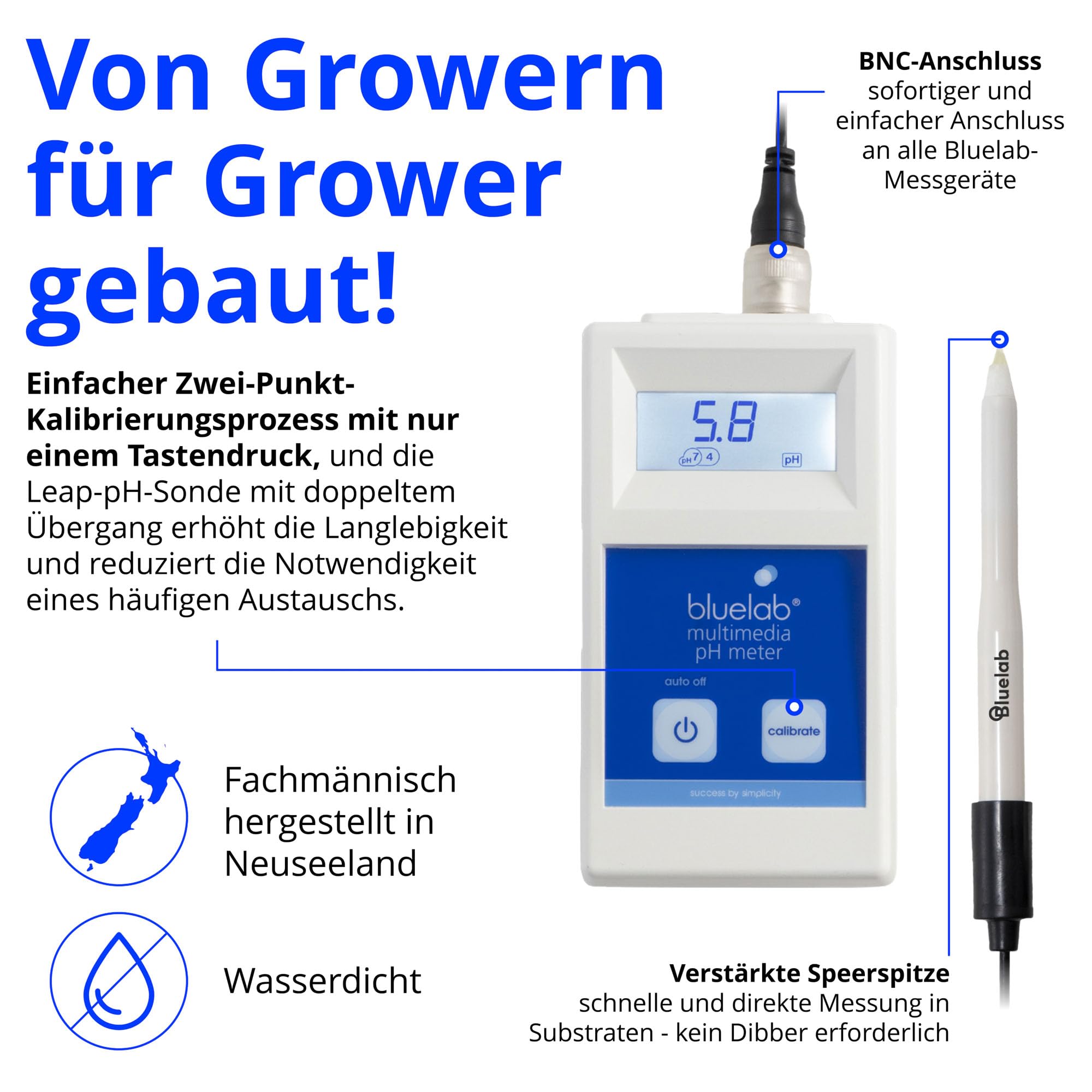 Bluelab METMULTI Multimedia PH-Meter - Digitales Handmessgerät für hydroponische Nährstoffe und Boden PH-Meter zur Messung der PH-Werte in Nährstofflösungen und Boden