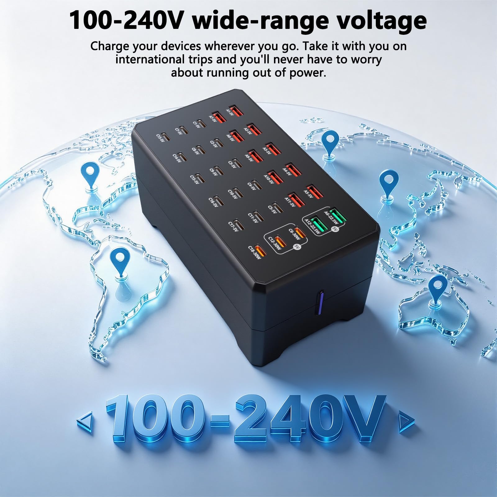 Station de charge multiple 150 W, chargeur USB 30 ports avec 12 ports USB-A et 18 ports USB-C, adaptateur de charge universel USB compatible avec smartphone, tablette, montre intelligente pour bureau