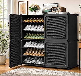 Mevigo Plastic Shoe Rack for Home with Door | 12-Tier Stackable Shoe Organizer | Holds 24 Pairs | Waterproof & Dustproof | DIY Modular Shoe Cabinet | Chappal Slipper Stand for Bedroom, Entryway - Amazon product rated Grade A