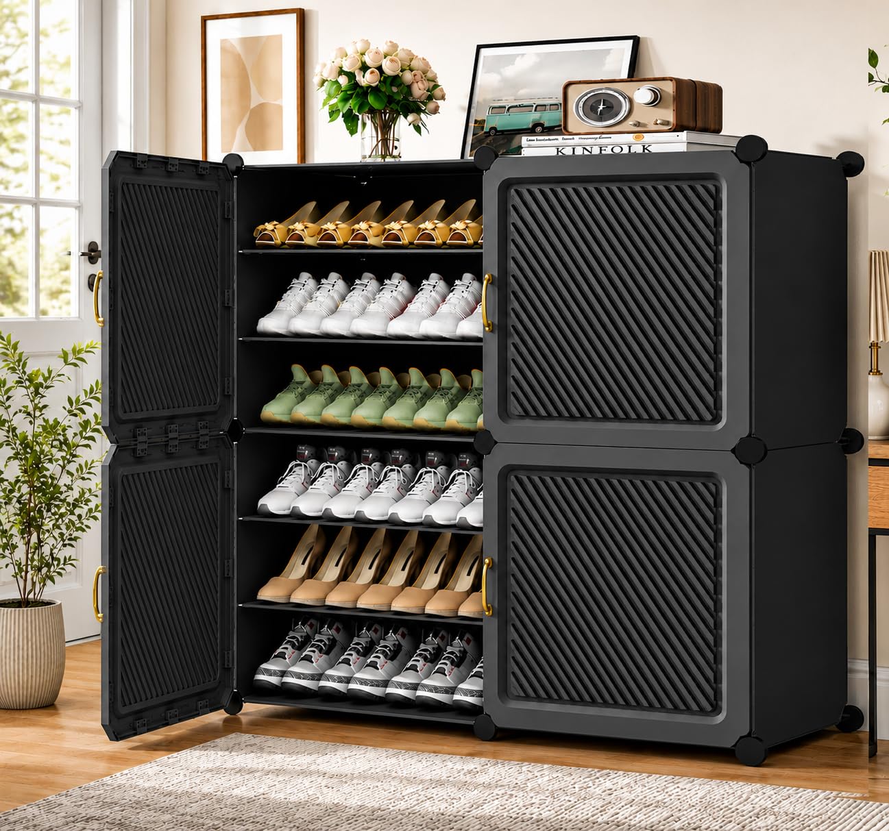 Mevigo Plastic Shoe Rack for Home with Door | 12-Tier Stackable Shoe Organizer | Holds 24 Pairs | Waterproof & Dustproof | DIY Modular Shoe Cabinet | Chappal Slipper Stand for Bedroom, Entryway