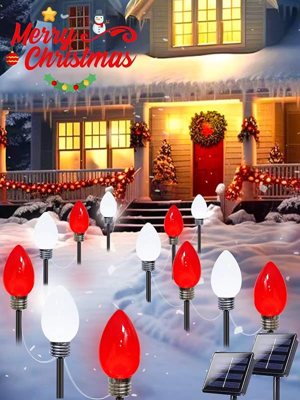12 Pack Large C9 Christmas Decorations Outdoor Waterproof, Solar C9 Christmas Lights Outdoor with 2 Modes, Solar Pathway Light for Outside Party Yard Lawn Patio Walkway Xmas Decoration (Red and White) by EXF - Used condition - US$6.84