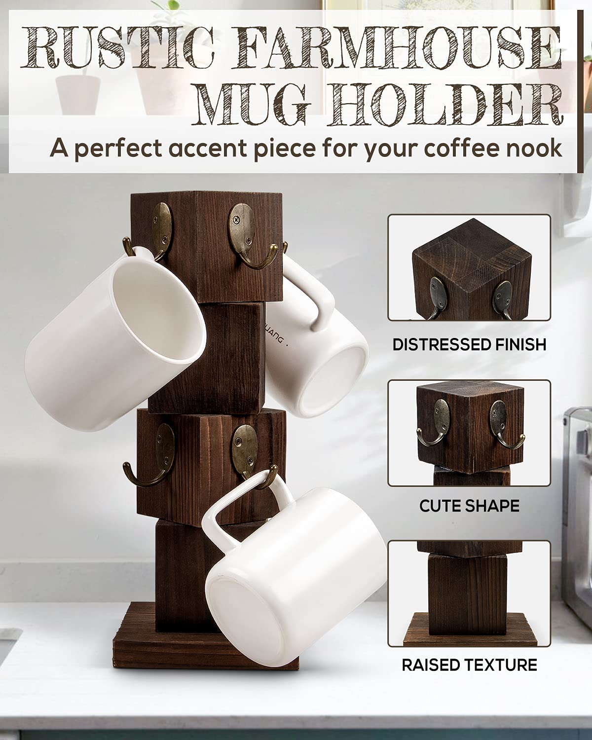 Timber Mug Rack PUERSI Coffee Mug Holder for Counter, Rustic Solid Wood Mug Tree ...