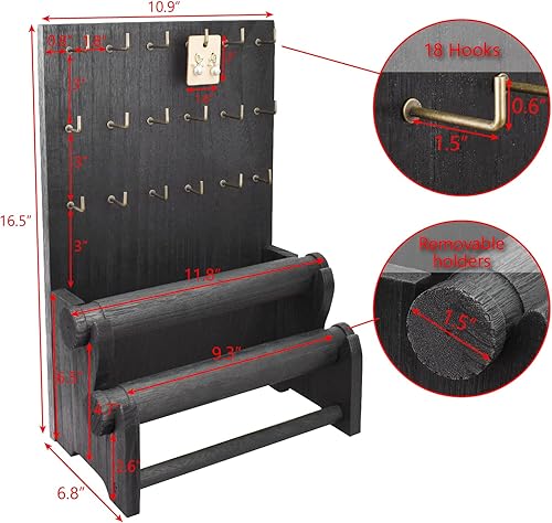 Miniatura 2 de Ikee Design Soporte de exhibición de madera de alta calidad para joyas con 18 ganchos y soportes extraíbles, elegante organizador de aretes y