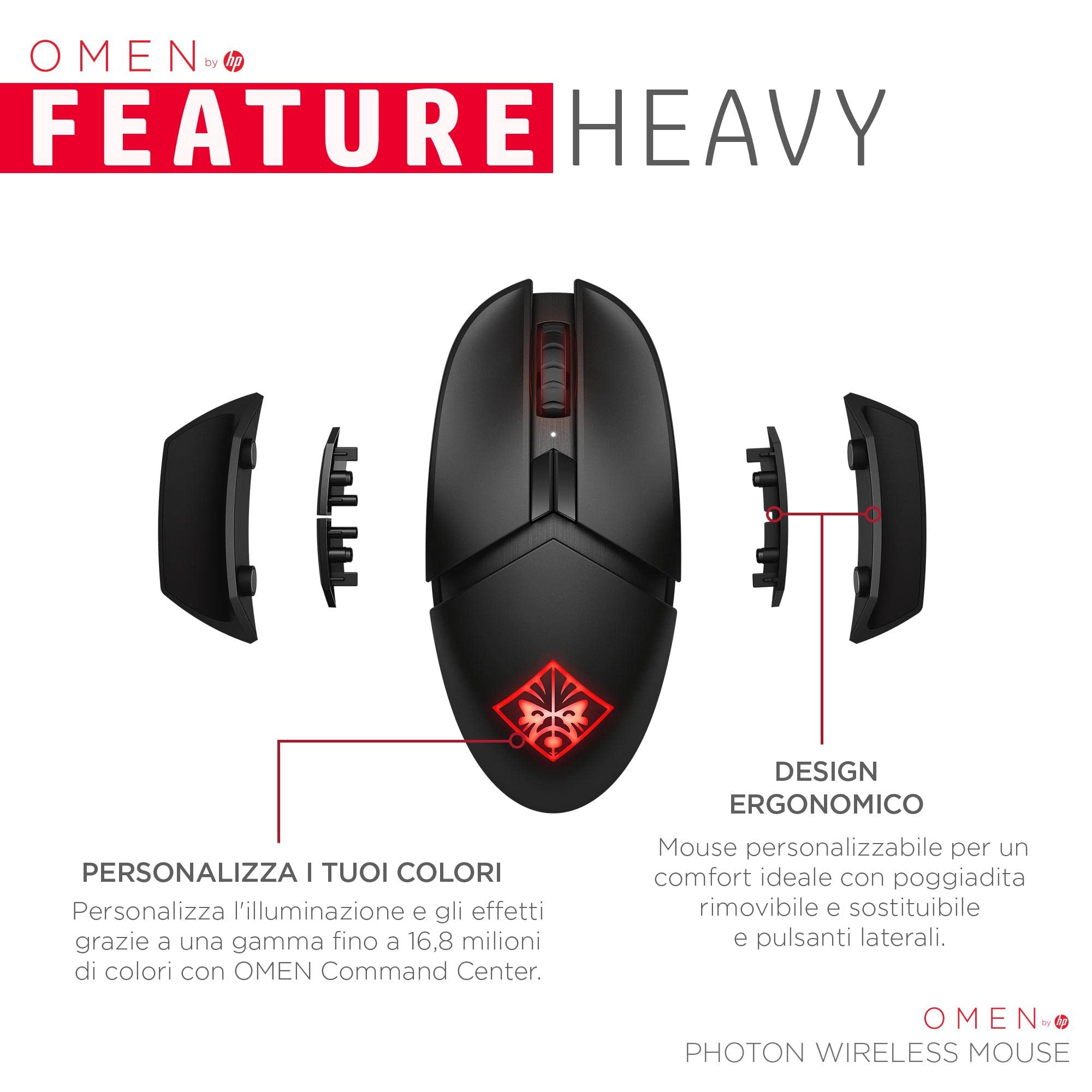 HP OMEN Mouse Photon, Wireless, Ricarica Qi Wireless, 11 Tasti Programmabili, Tempo Risposta 0.2 ms, DPI da 100 e 16000, Sensore Ottico PixArt PAW3335, LED RGB Personalizzabili, Nero