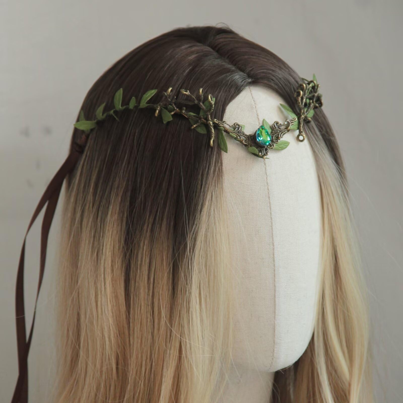 Corona di fiori da fata rinascimentale, corona da elfo verde a forma di V, copricapo dei boschi fatto a mano, cerchietto con foglie di foresta per costume da donna, Halloween, Cosplay F