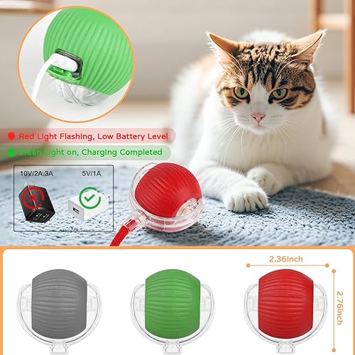 Miniatura 3 de 2025 New 3Pack Cat Ball Kitten Toys for Indoor Interactive Kitty Ball Toy Speedy Tail 360° Automatic Rolling(Red Grey Green)