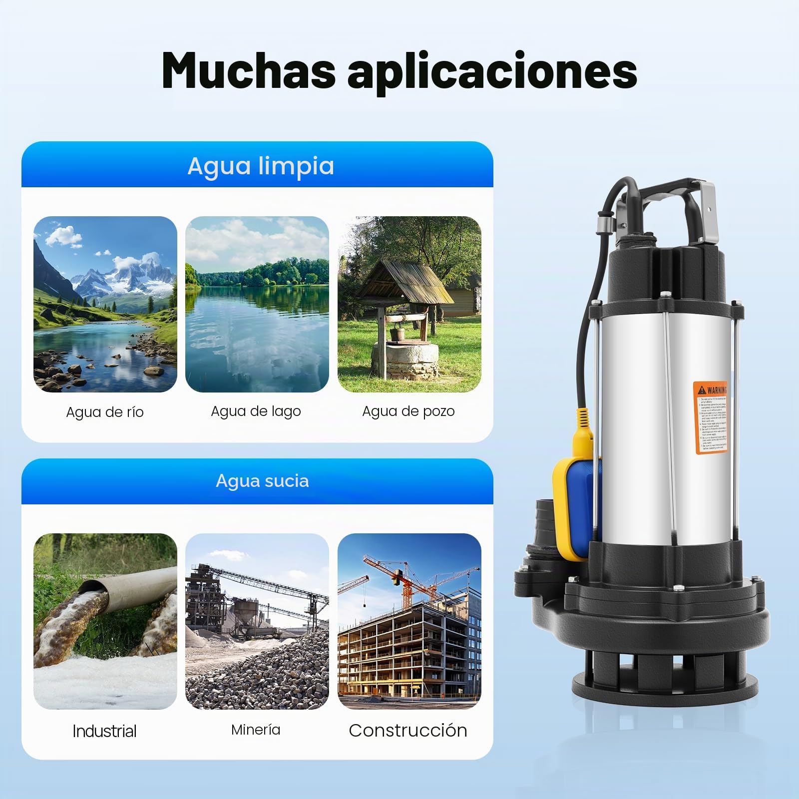 Bomba de agua sucia de 1500 W, 36000 l/h, acoplamiento, bomba de agua, bomba sumergible, flotador y trituradora