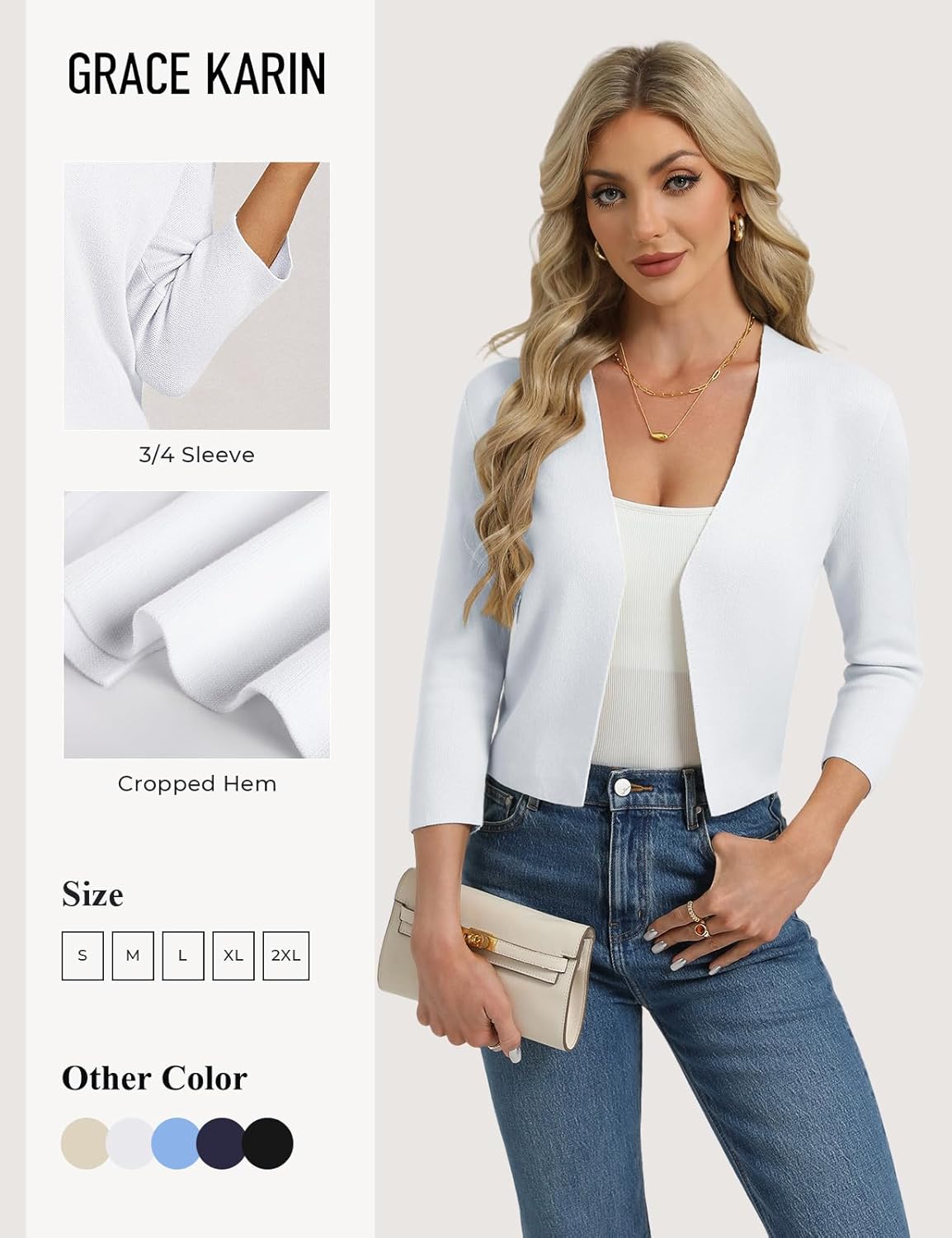 GRACE KARIN Women's 3/4 Sleeve Cropped Cardigan Sweater Lightweight Open Front Dressy Causal Shrug Spring Fashion - Image 4