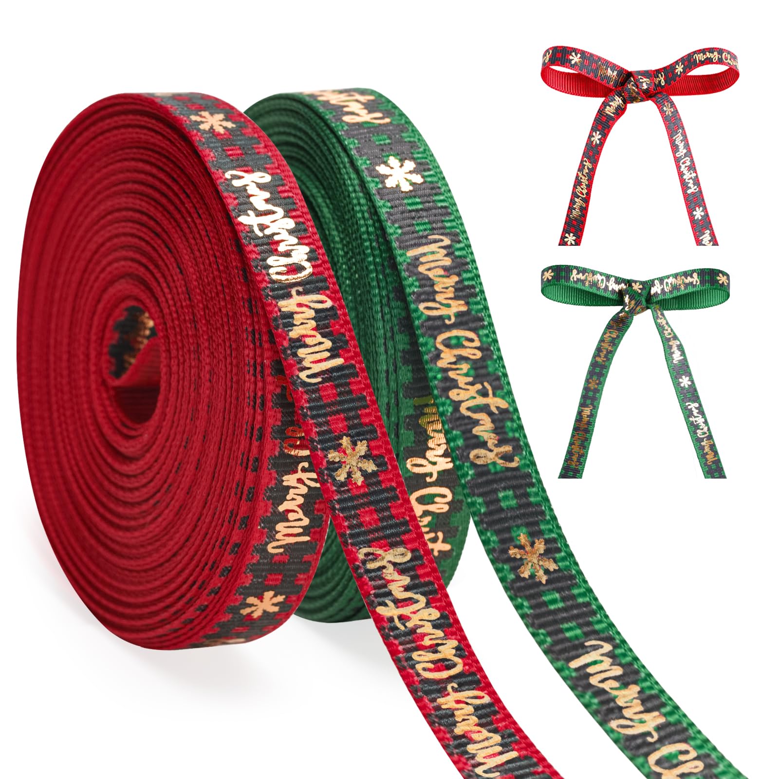 G2PLUS 10mm Merry Christmas Ribbon: Red and Green Gift Wrapping Band with Gold Snowflakes, 20 Yard Grosgrain Decor Ribbon for Gift Wrapping, Christmas Tree Decoration, DIY Crafts