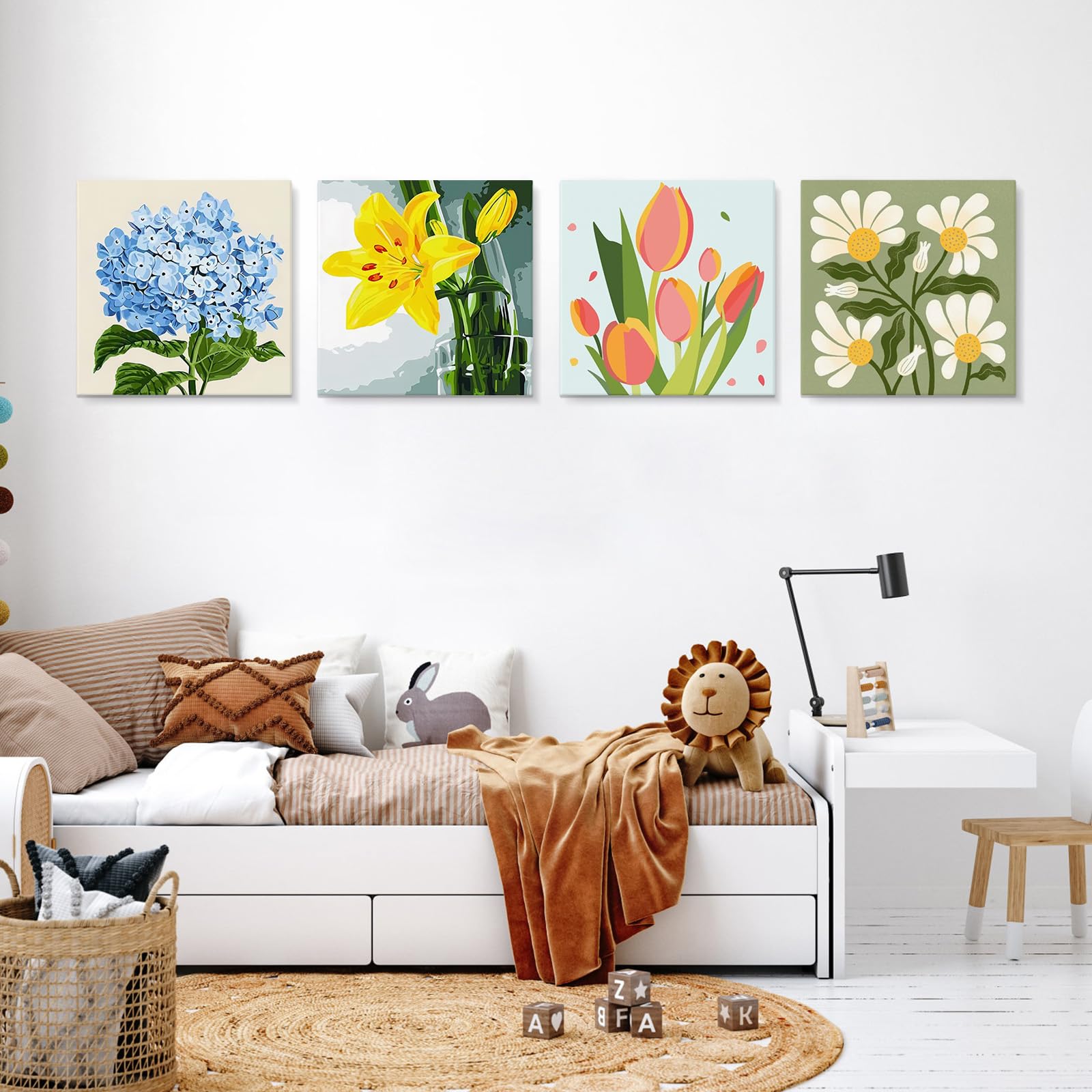Jawecci Pintura Por Números – 4 Cuadros Con Marco De 20x20 Cm – Flores – Kit Completo Con Pinceles – Ideal Para Adultos Y Niños +6 Años
