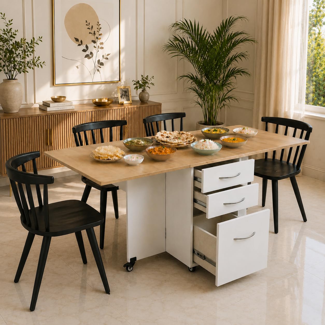 Studio Kook Dolce 4 Seater Folding Dining Table with Storage & 3 Drawers | Space Saving Engineered Wood Dining Table | Moonshine White Matte Finish | Without Chairs
